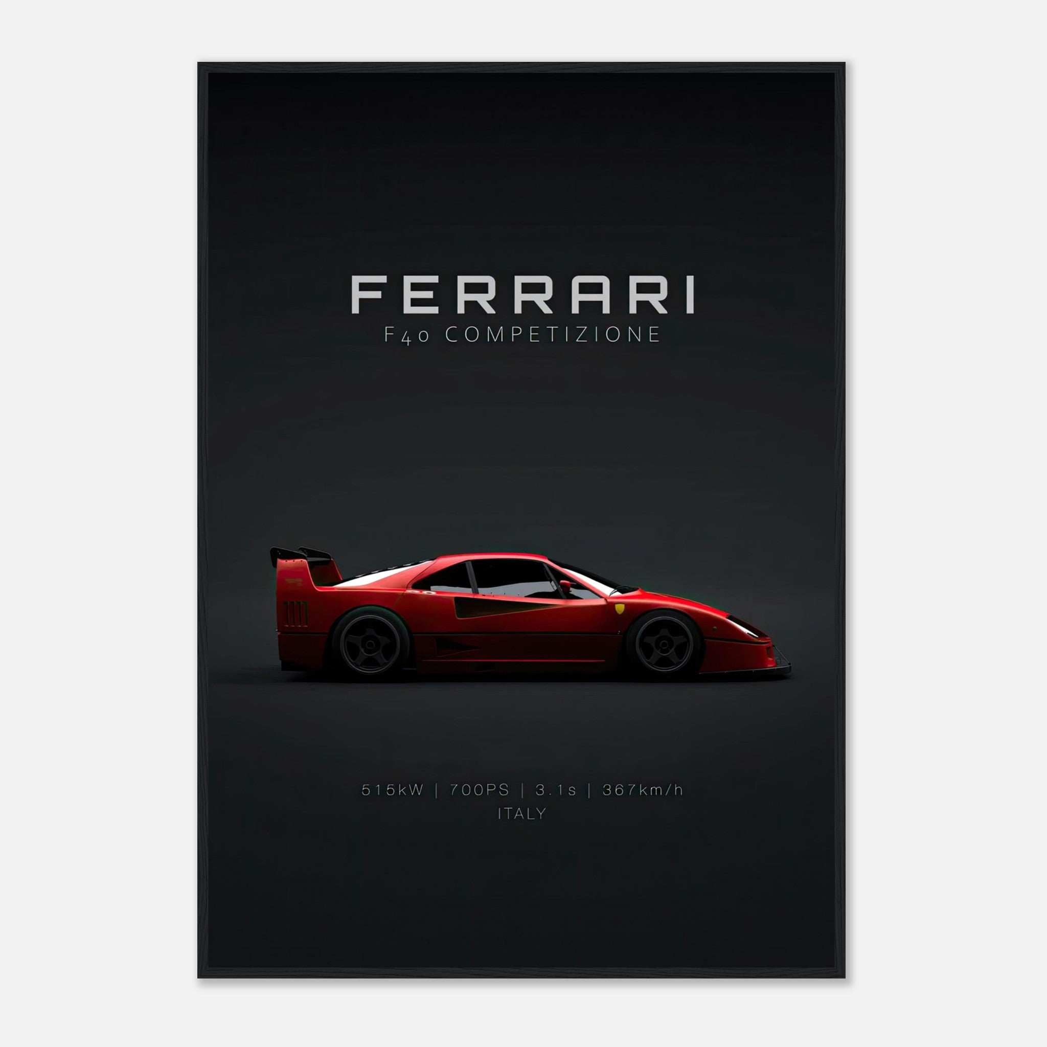 Ferrari F40 Competizione framed poster featuring iconic red supercar design on a minimalist backdrop.