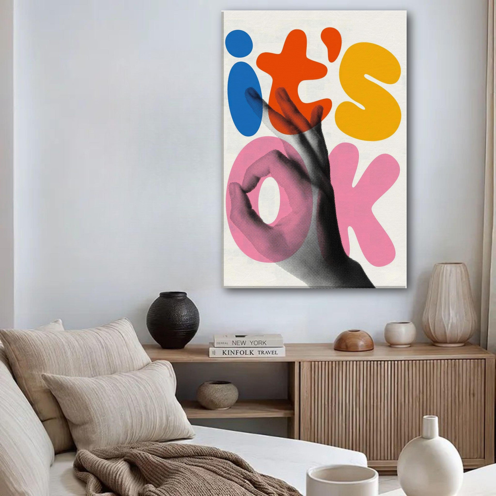 Vibrant retro abstract pop art canvas print featuring 'It's OK' in bold colors and a hand gesture accent.