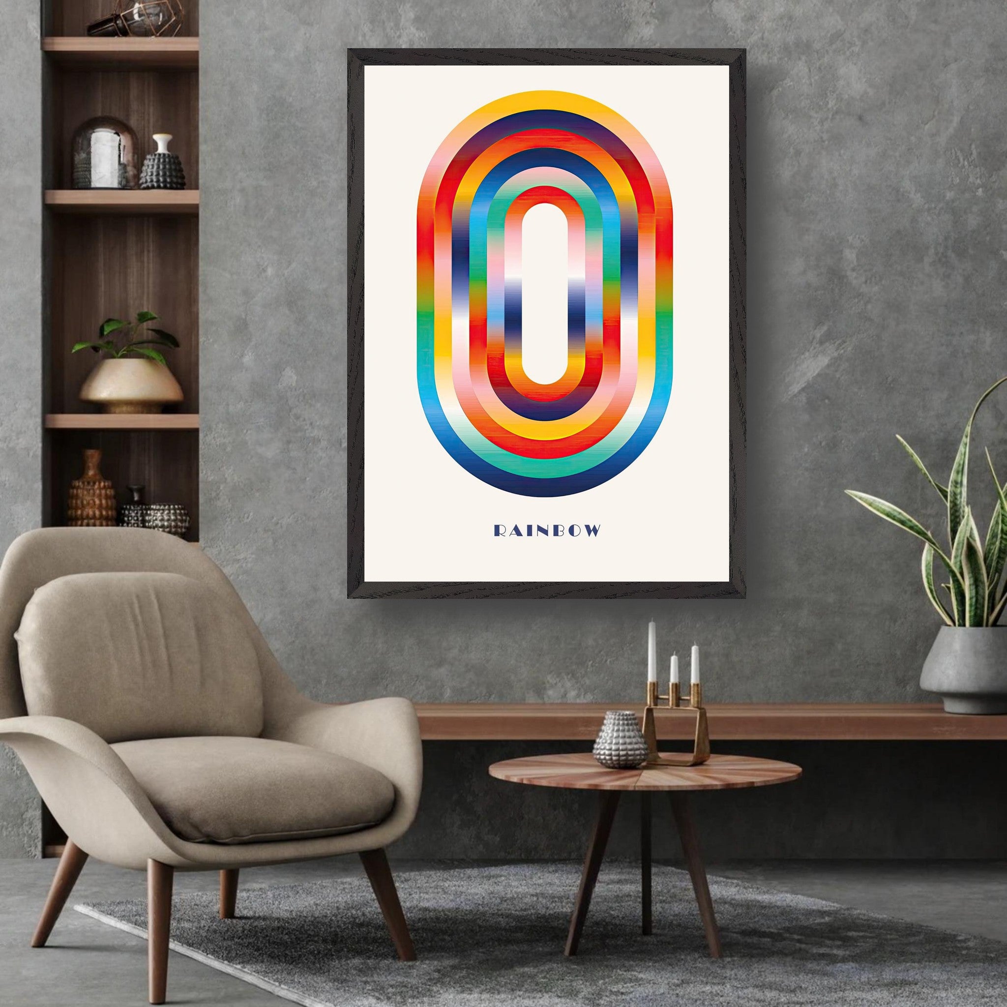 Abstract rainbow geometric art featuring vibrant overlapping arcs in a modern living space.