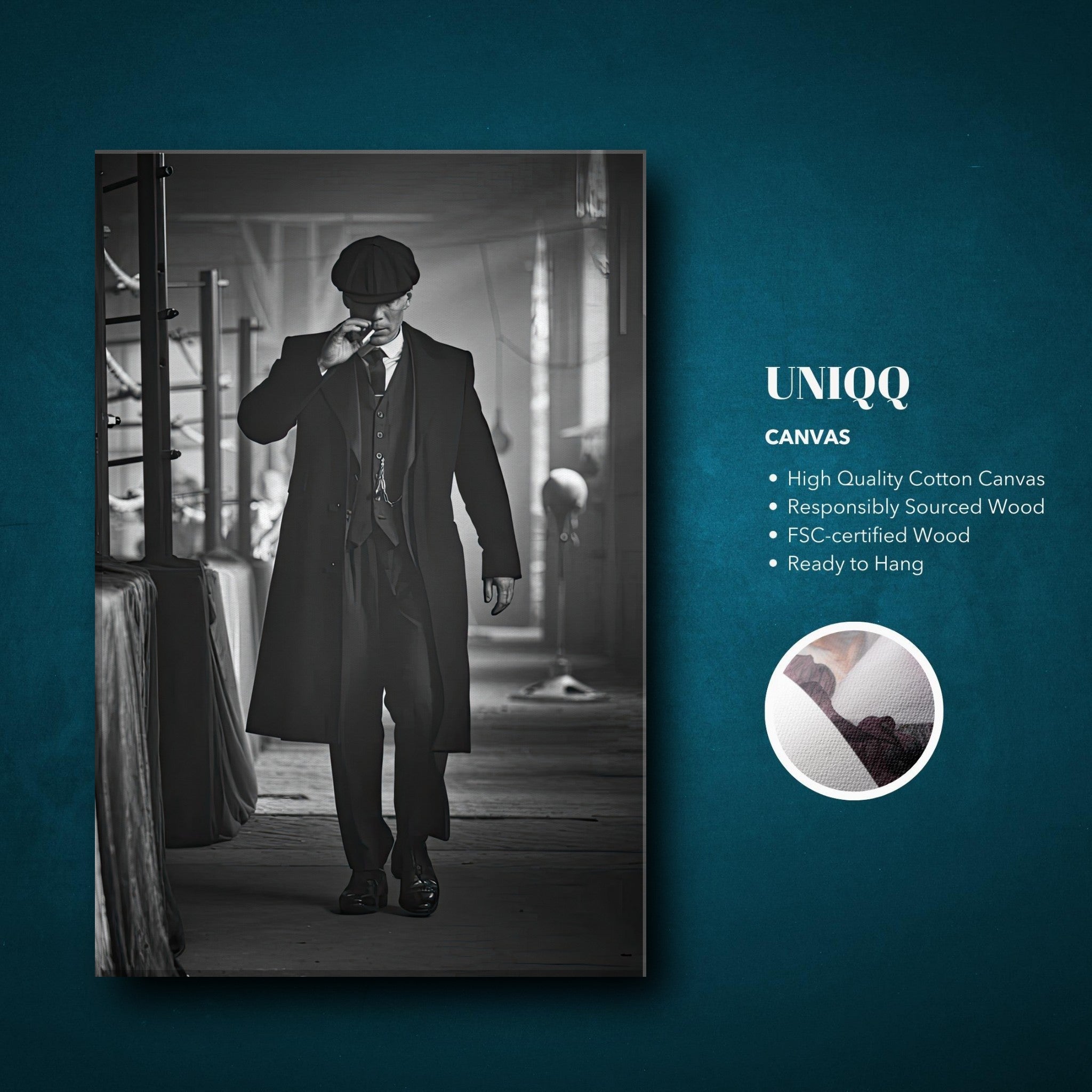 Tommy Shelby from Peaky Blinders in black and white canvas art, showcasing vintage gangster style.