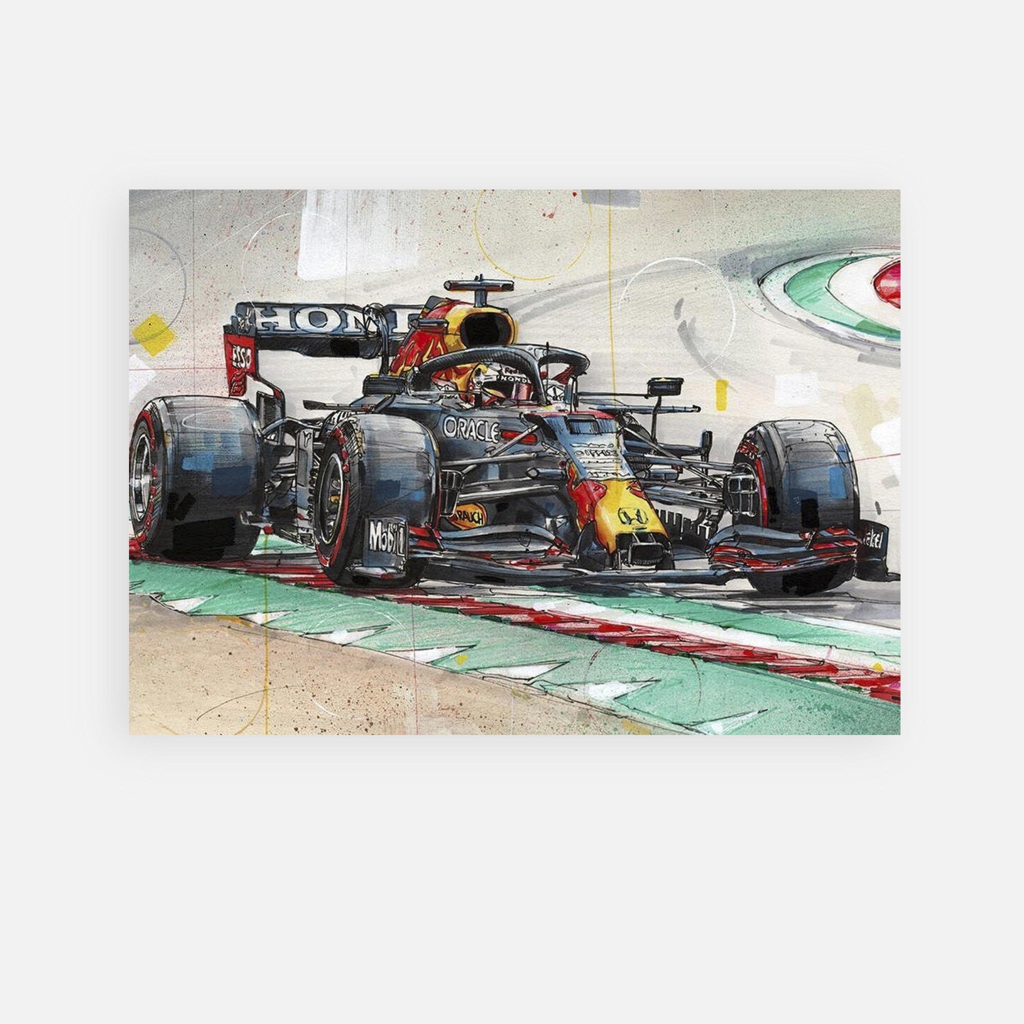 Max Verstappen F1 Red Bull painting poster showcasing vibrant colors and dynamic racing design. Perfect for car enthusiasts.
