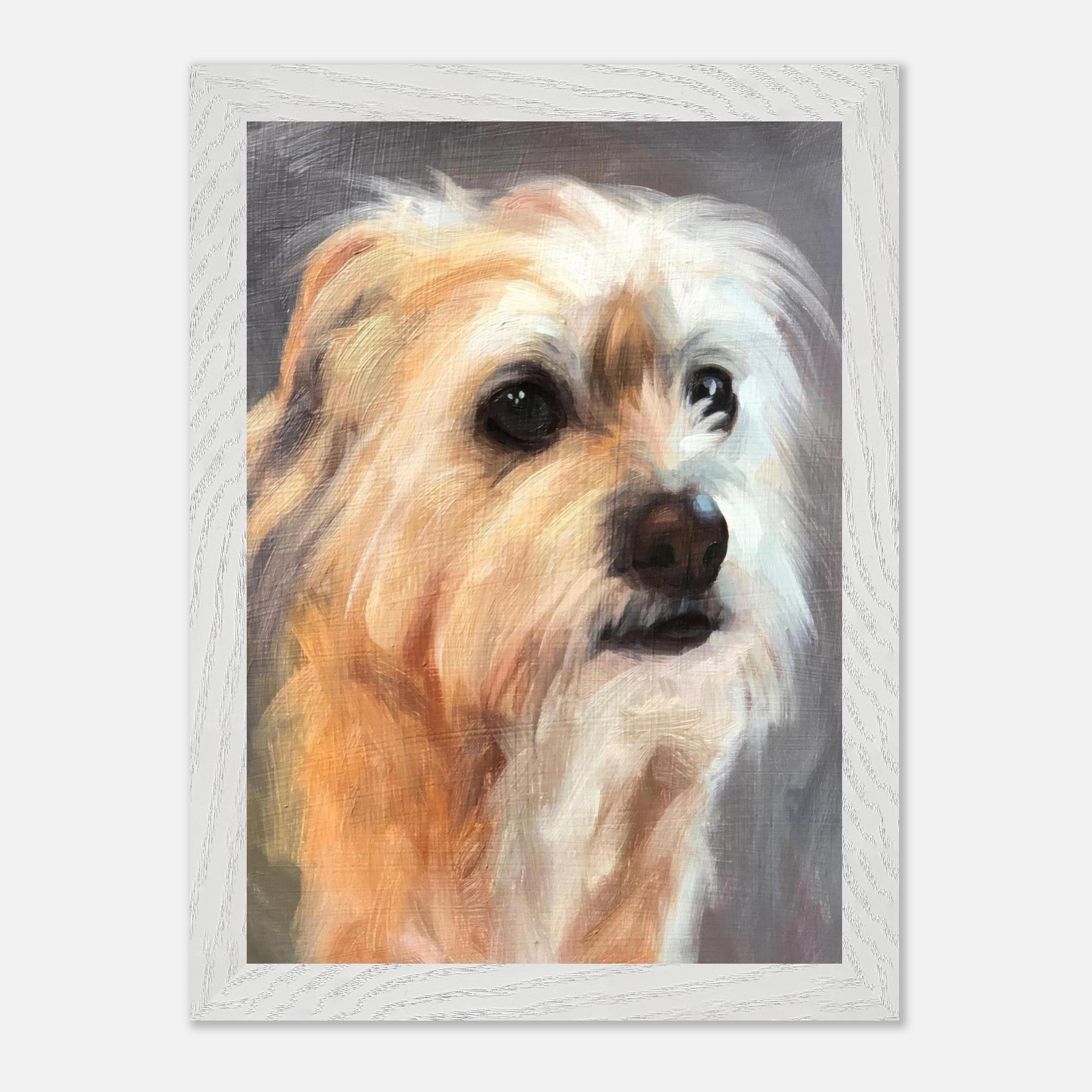 Terrier dog painting in vintage frame, showcasing expressive eyes and warm colors for a nostalgic feel.