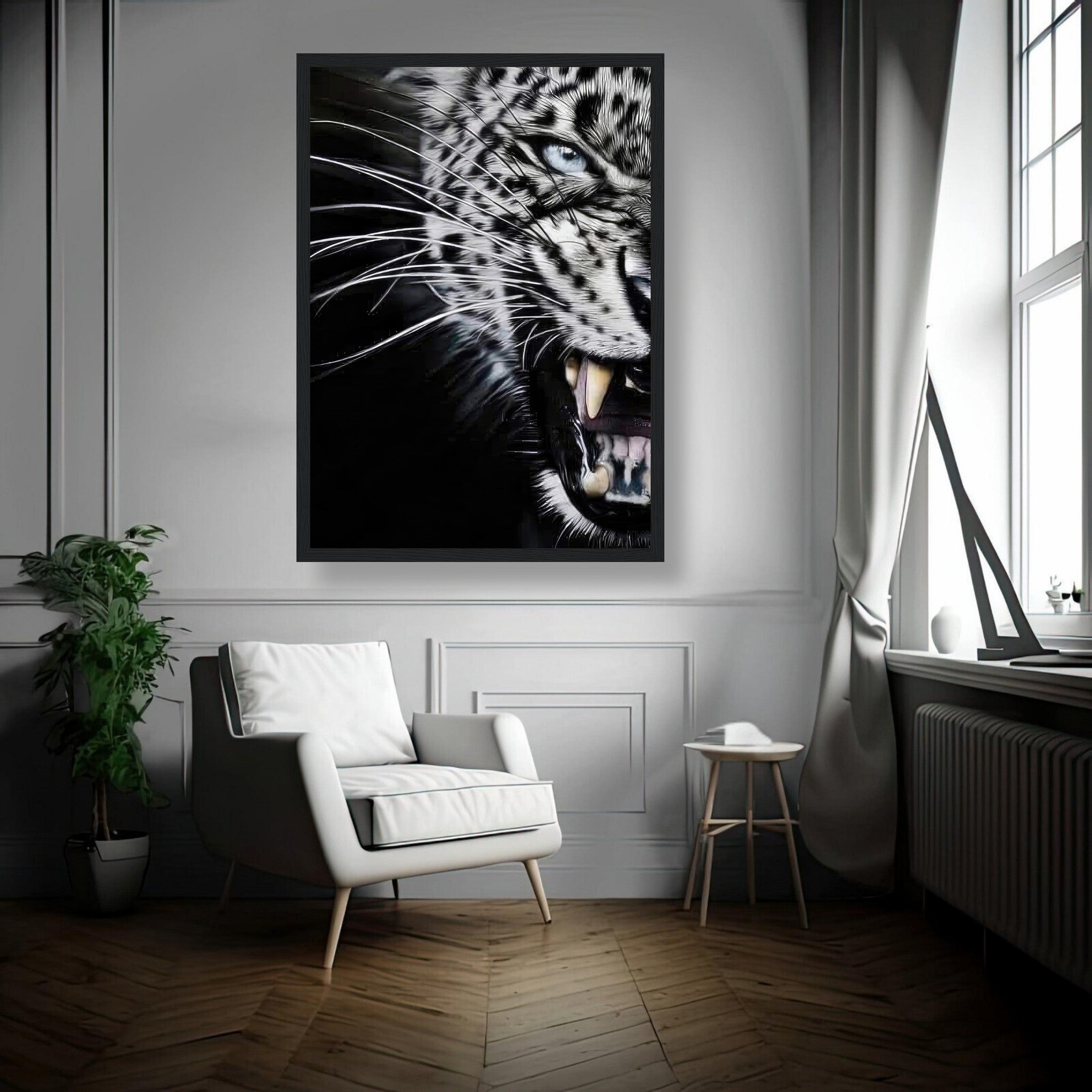 Leopard close-up portrait framed print showcasing intense expression and detailed features in a stylish interior setting.