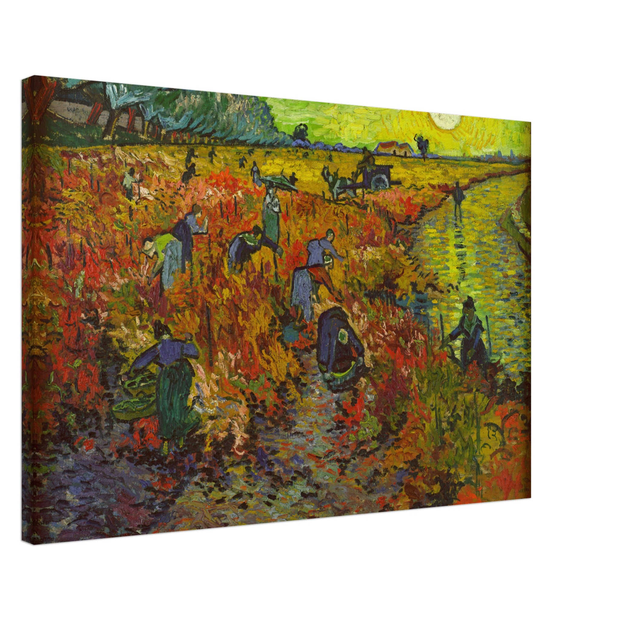 The Red Vineyard canvas print by Van Gogh, showcasing vibrant autumn colors and vineyard workers in action.