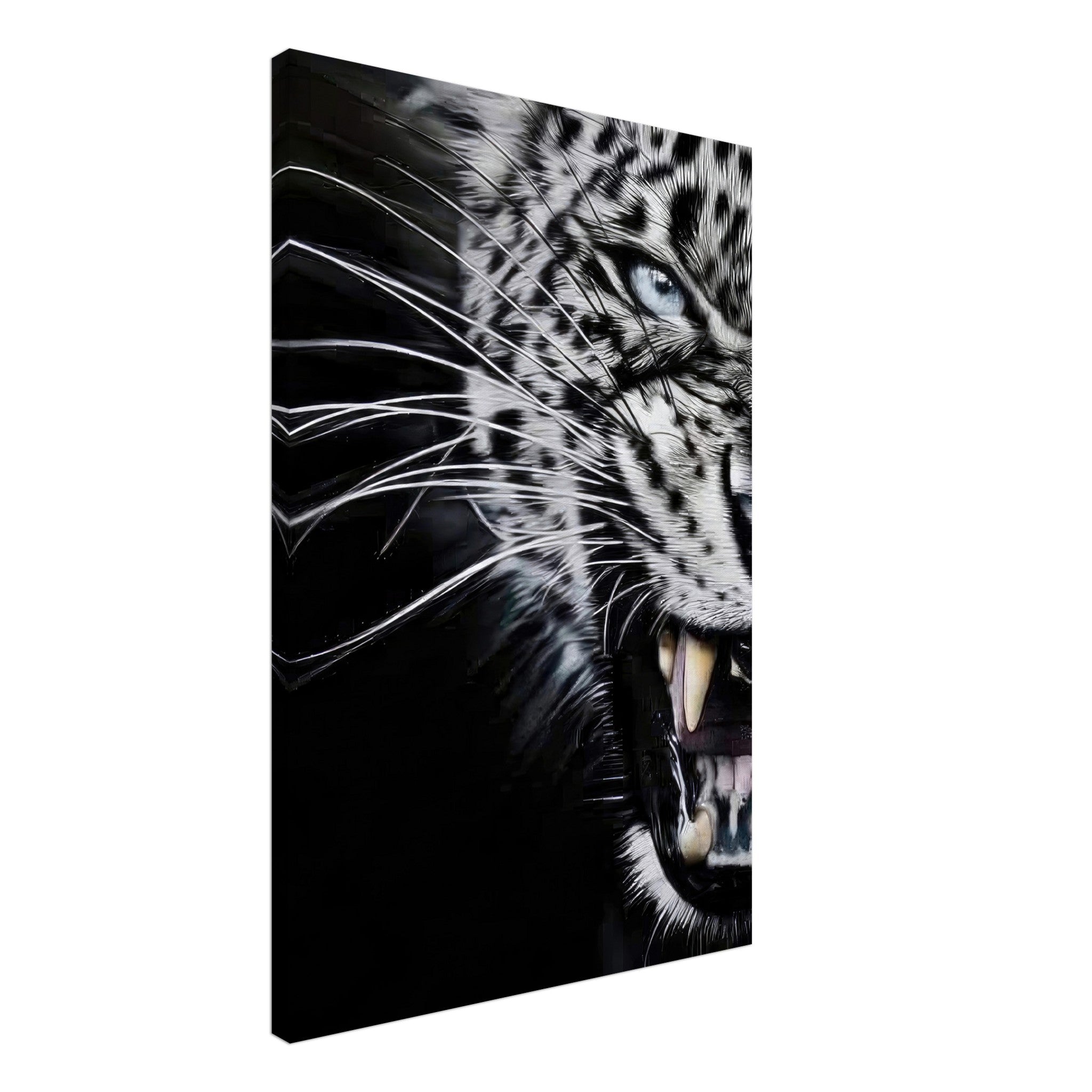 Close-up portrait of a fierce leopard with piercing blue eyes and sharp teeth on a canvas print.