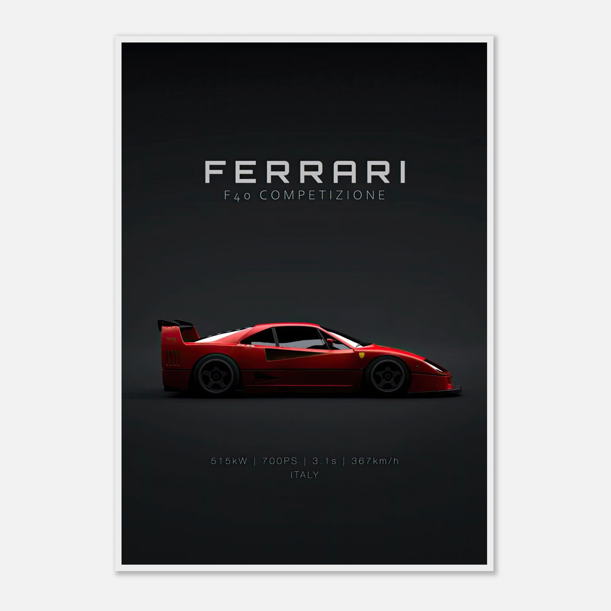 Ferrari F40 Competizione framed poster showcasing sleek red car against a dark minimalist backdrop.