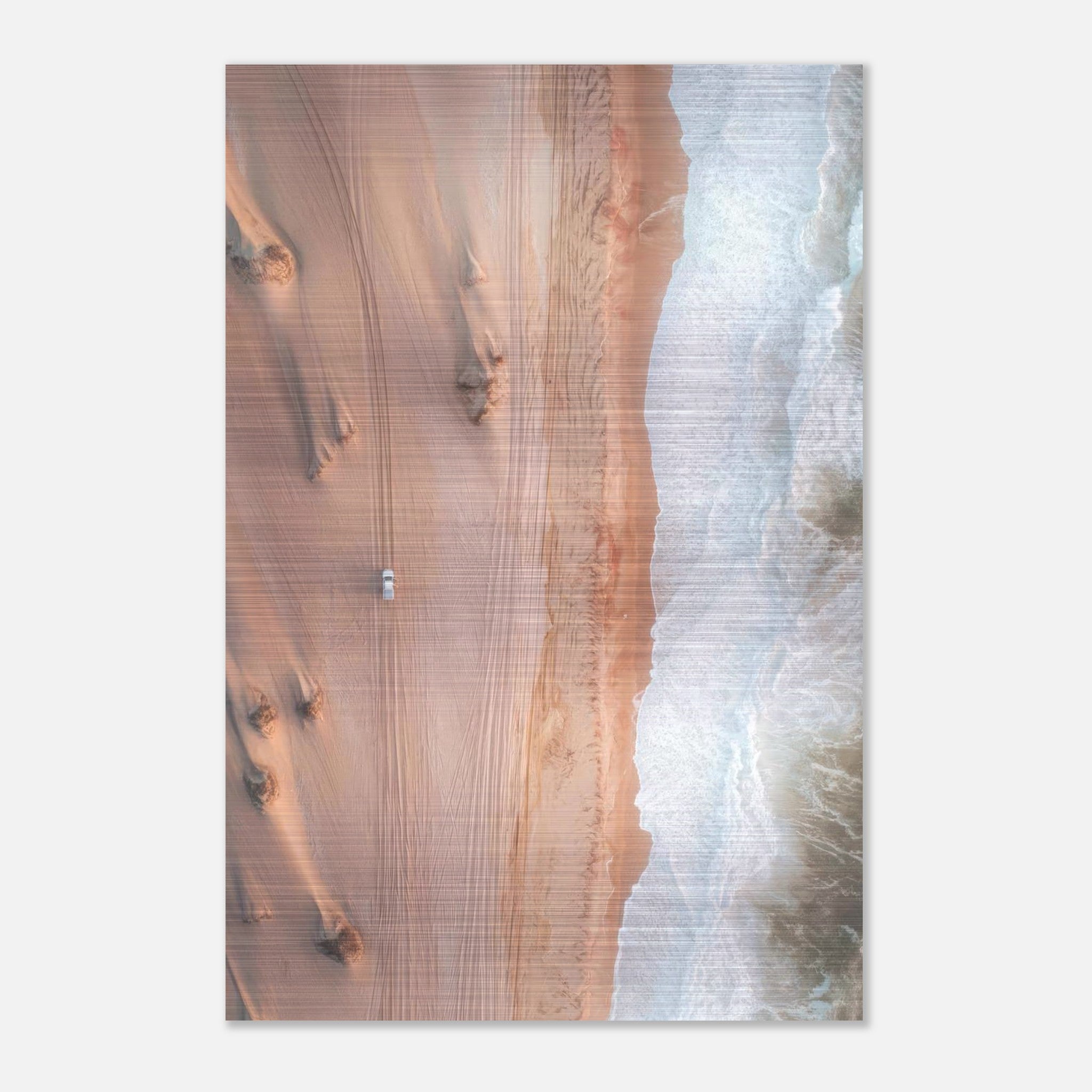 Aerial view of desert dunes meeting ocean waves in 'Where Desert Meets Ocean' brushed metal print.