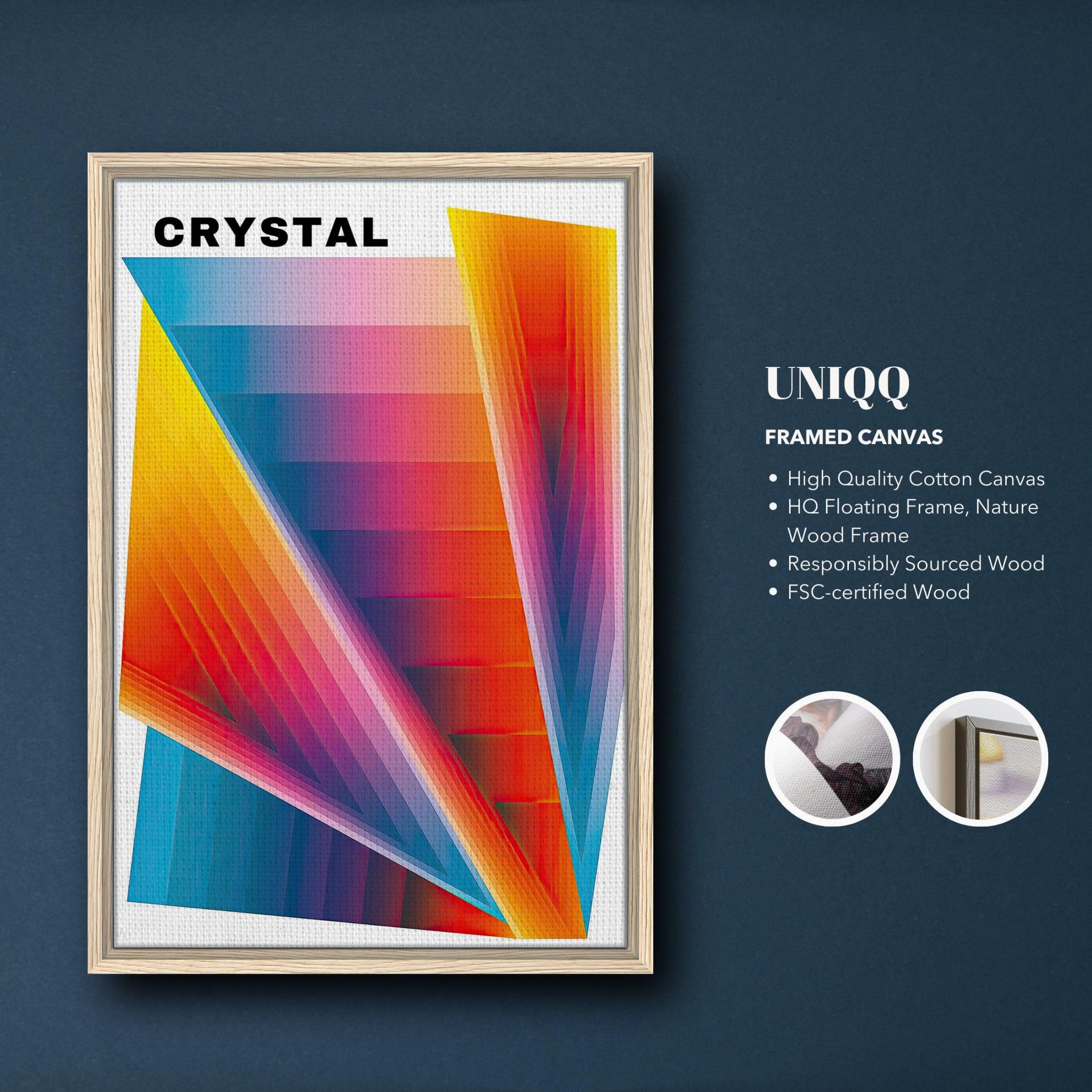 Framed Crystal Abstract Art Canvas Print with vibrant colors and geometric design, perfect for modern decor.