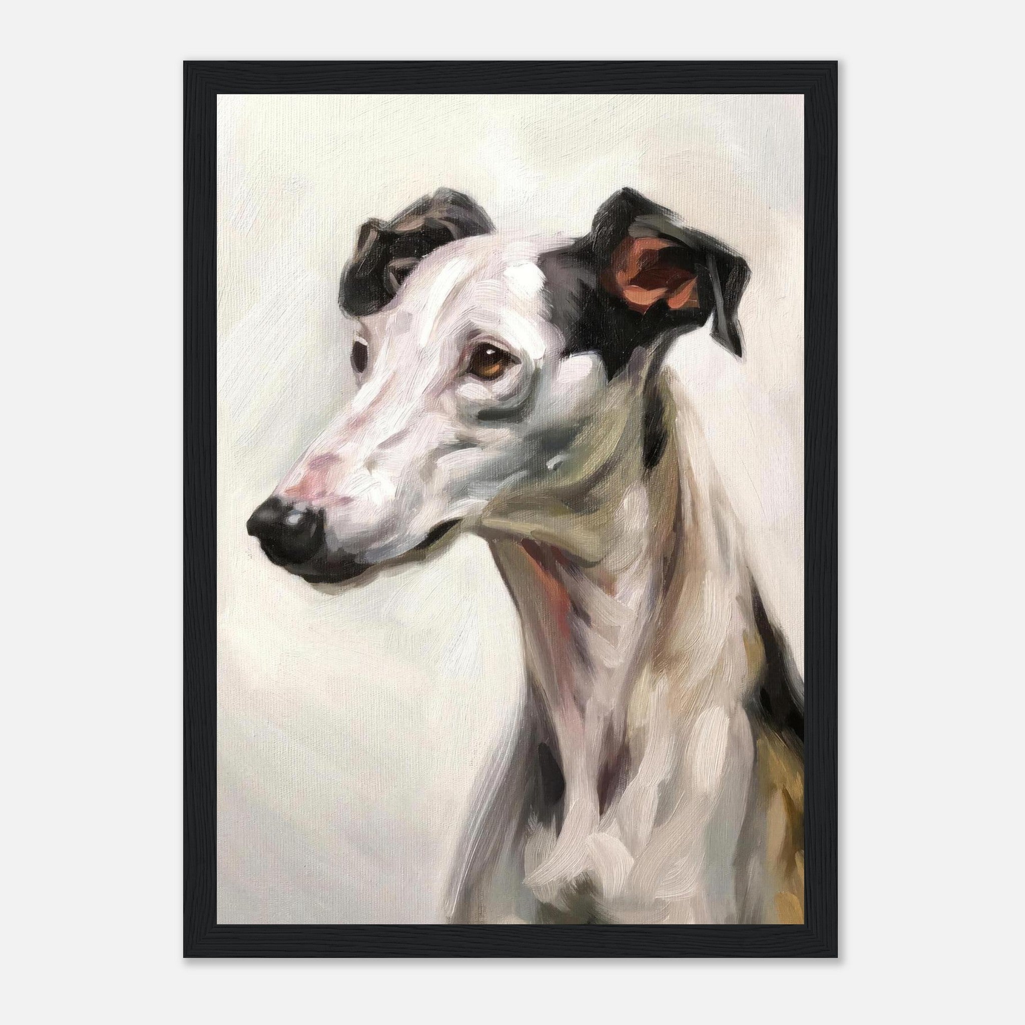 Framed painting of a Greyhound dog, showcasing its elegance and gentle expression in soft brushstrokes.