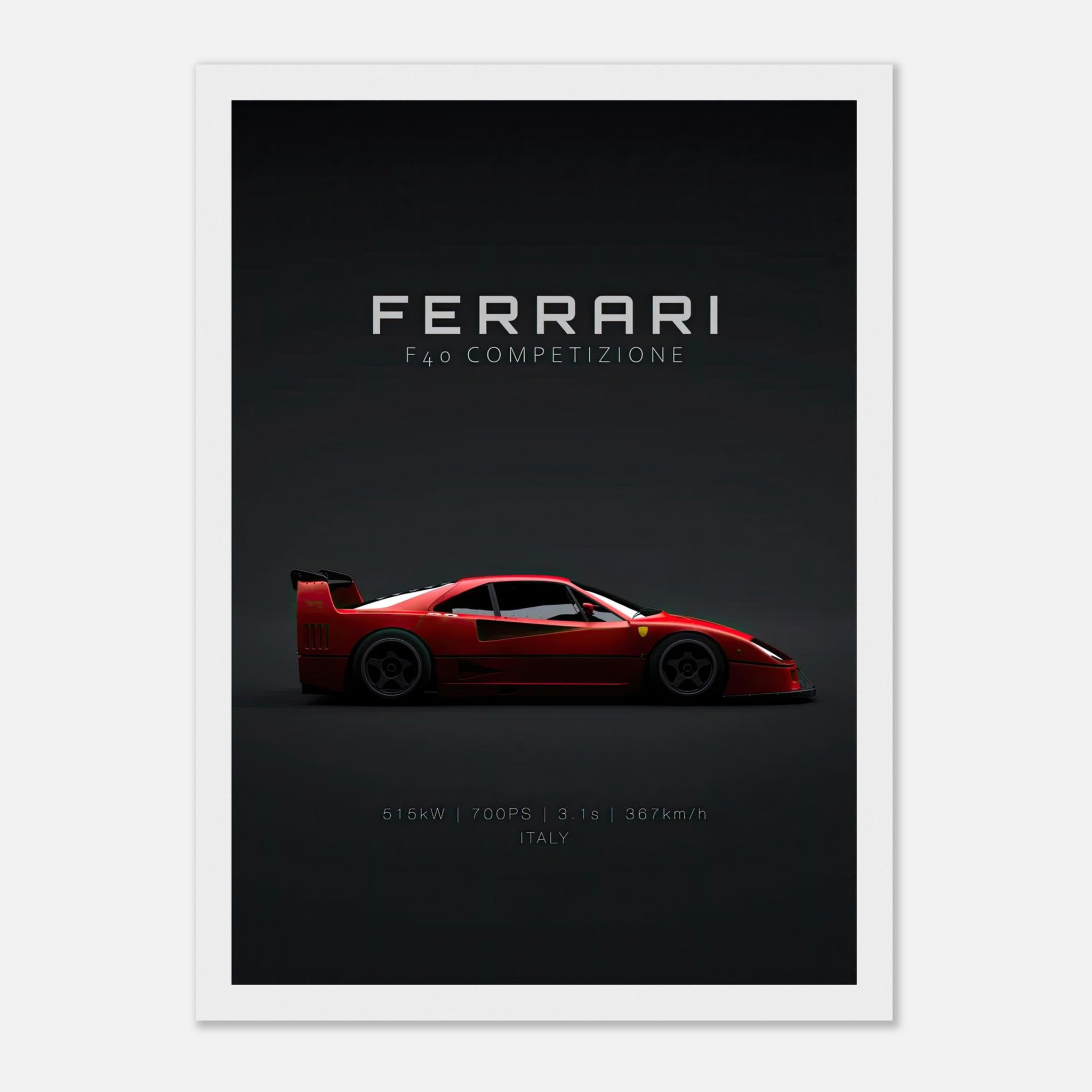 Ferrari F40 Competizione framed poster featuring a sleek red supercar against a dark backdrop.