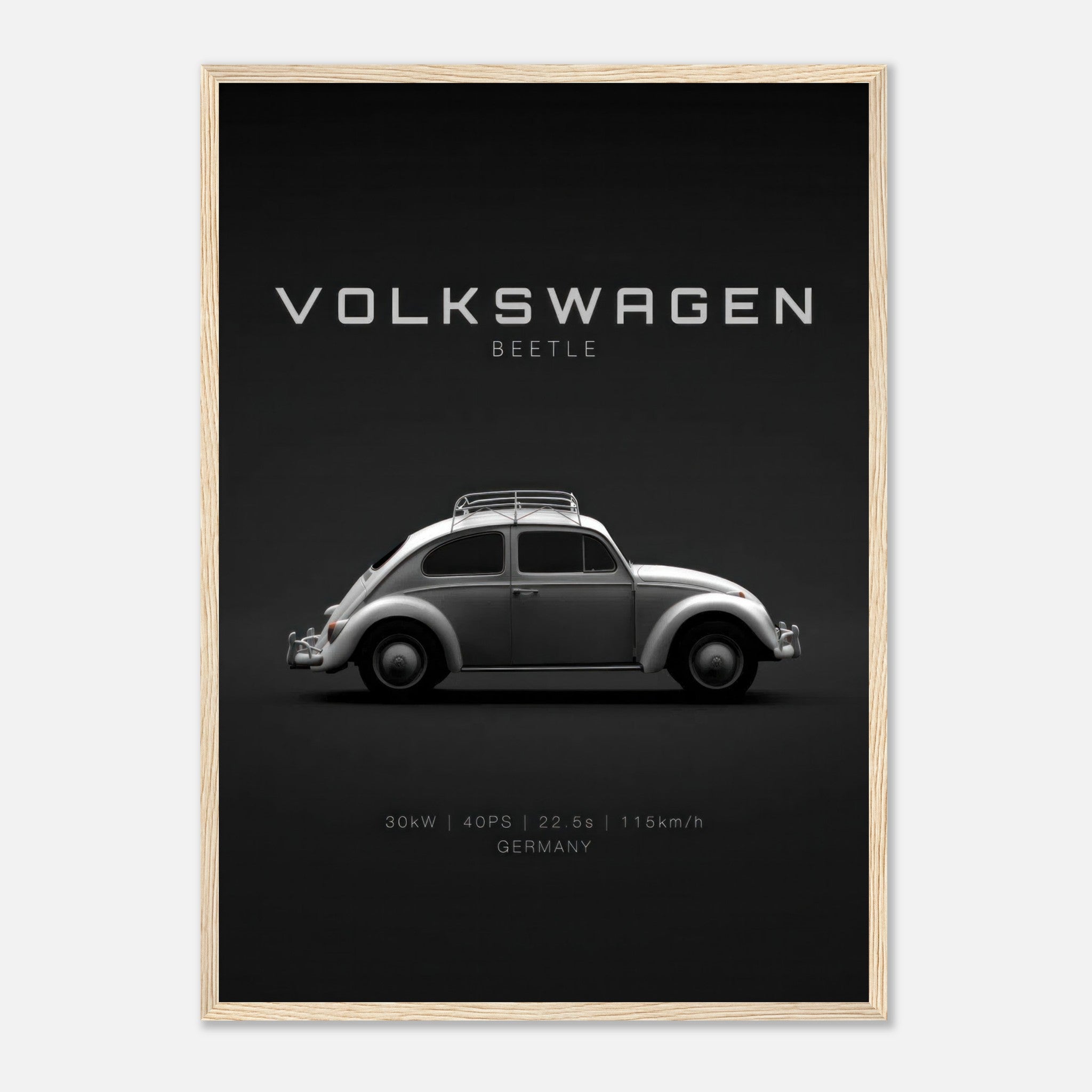 Framed poster of Volkswagen Beetle in sleek side profile against a minimalist black background.