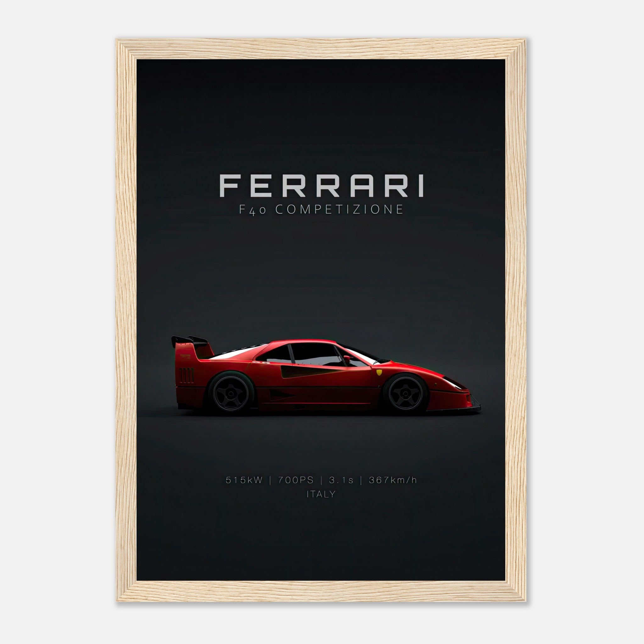 Ferrari F40 Competizione Framed Poster with sleek red supercar on a minimalist black background.