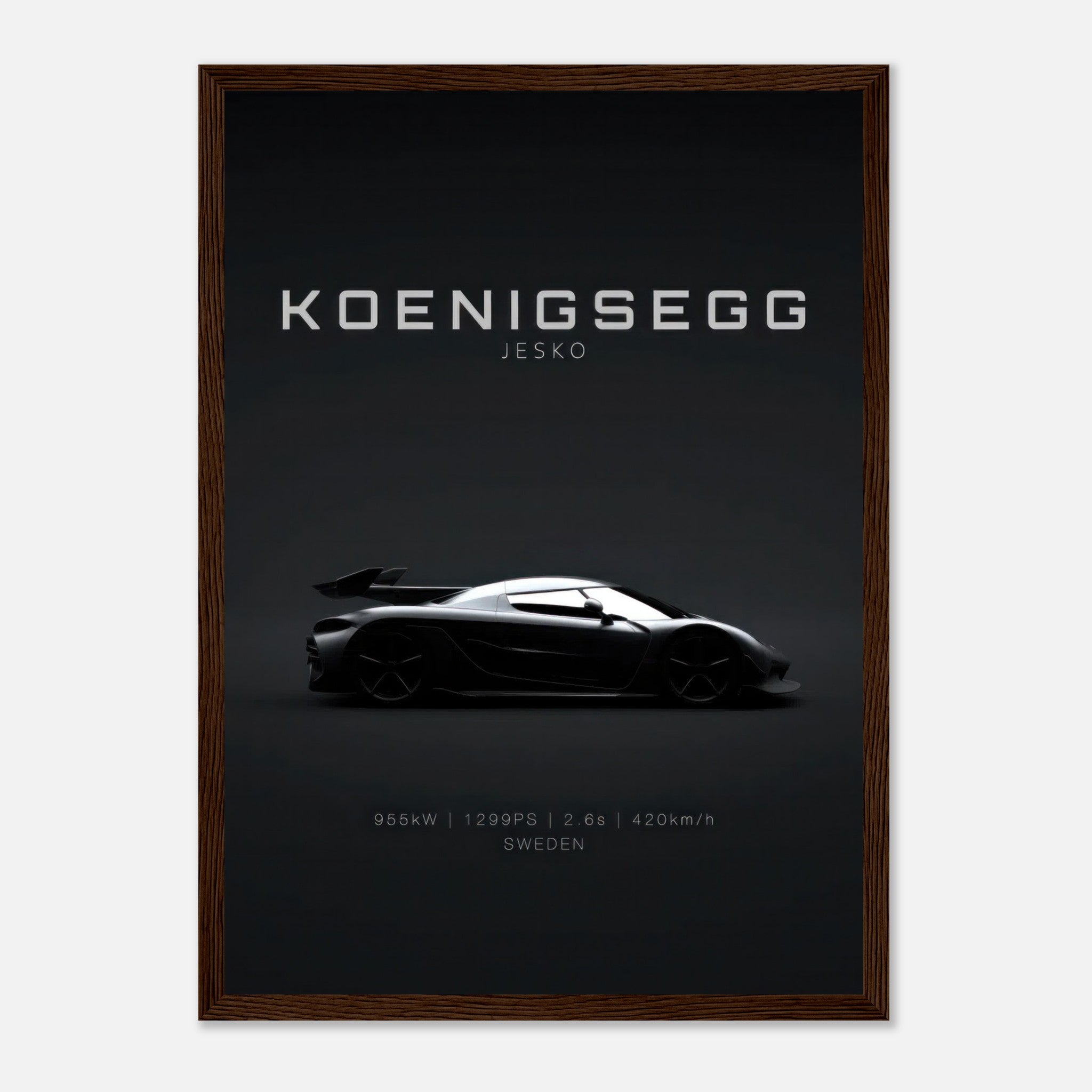 Koenigsegg Jesko framed poster showcasing the hypercar's silhouette on a sleek black background.