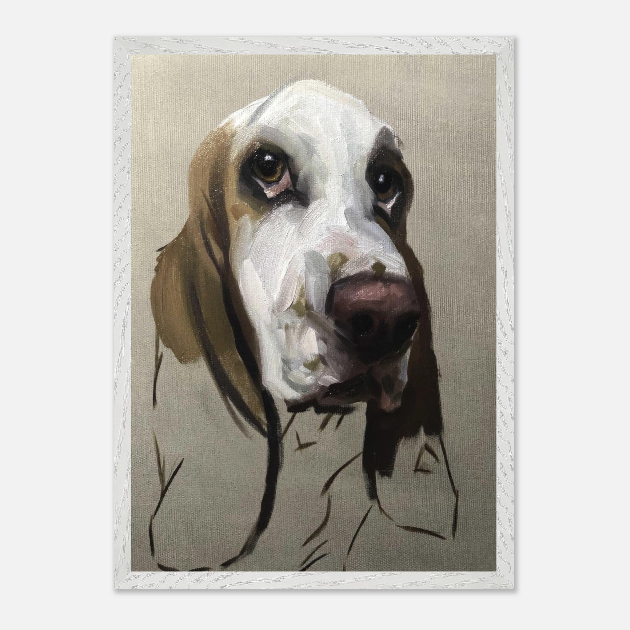Basset Hound dog painting, fine art masterpiece showcasing soulful expression and distinctive features in museum quality.