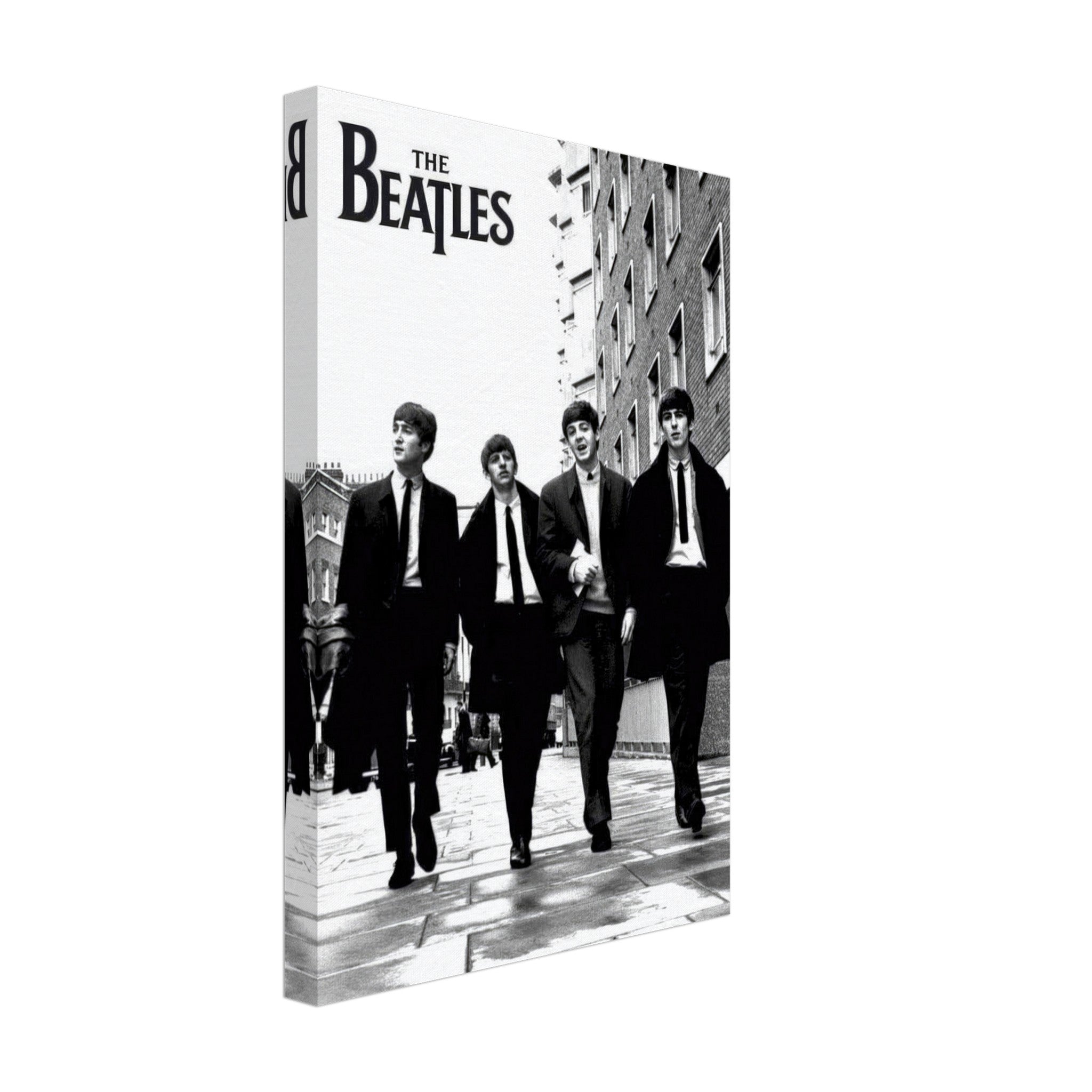 The Beatles black and white canvas print featuring the iconic band walking in suits.