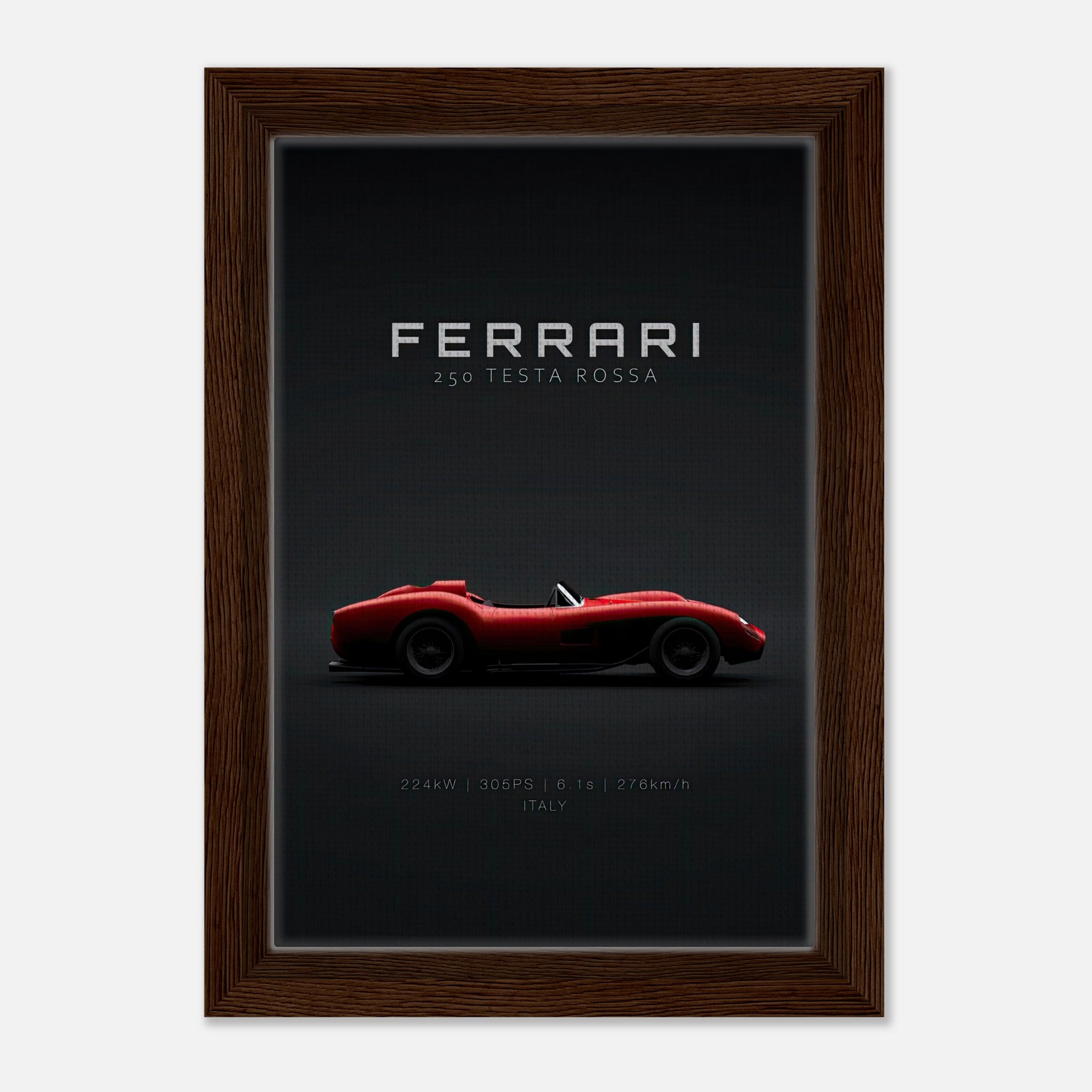Ferrari 250 Testa Rossa framed canvas print showcasing iconic red race car silhouette on minimalist black background.