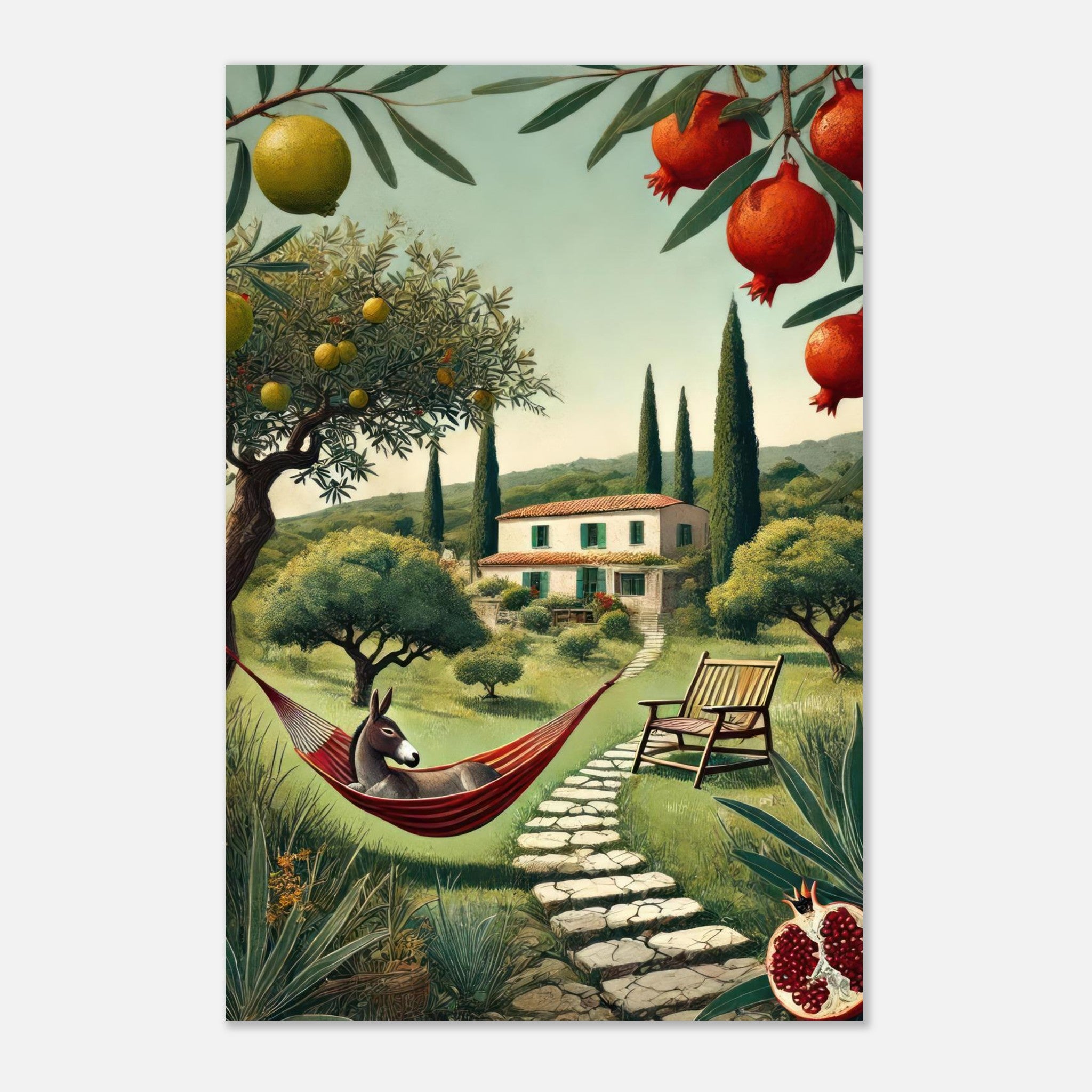Charming Mediterranean rural landscape metal print featuring olive trees, farmhouse, and a relaxing hammock.
