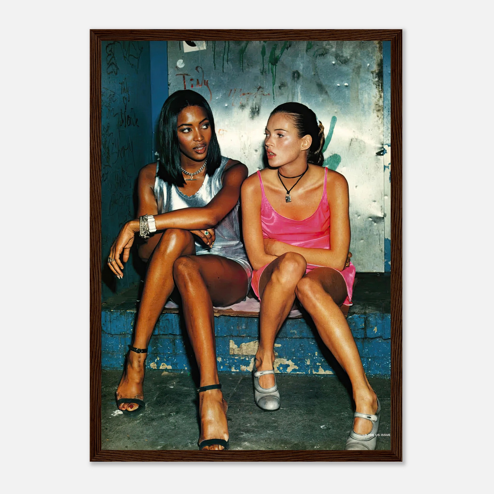 Framed print of Naomi Campbell and Kate Moss showcasing 90s fashion style and iconic moments between supermodels.