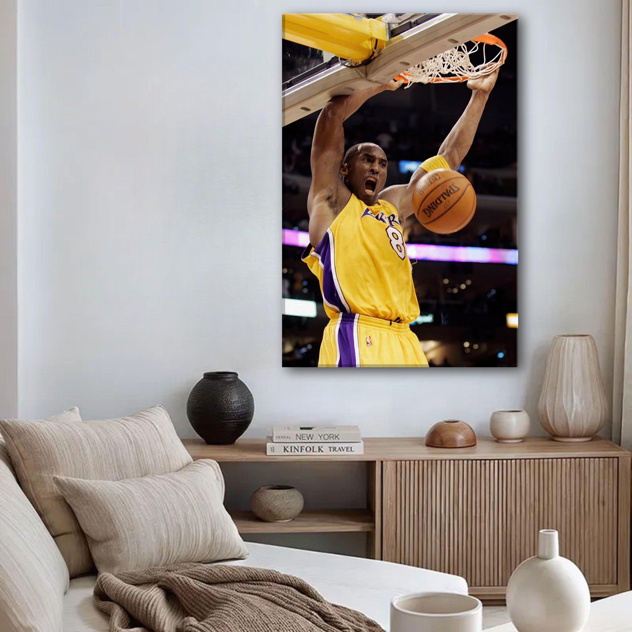 Kobe Bryant's iconic slam dunk canvas print showcasing him in a Lakers jersey delivering a powerful dunk.