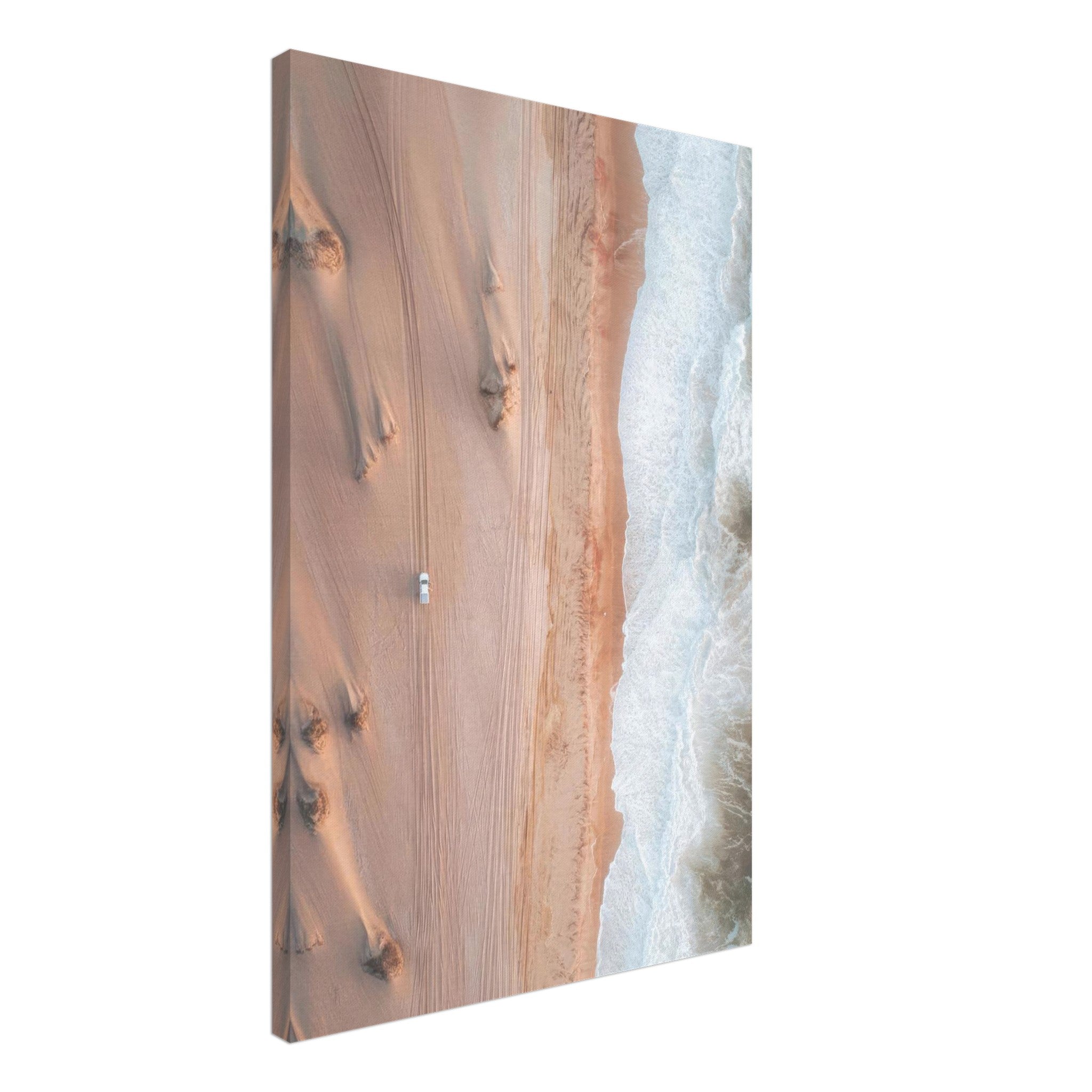 Aerial view of sand dunes merging with ocean waves, showcasing natural colors and textures, perfect for home decor.