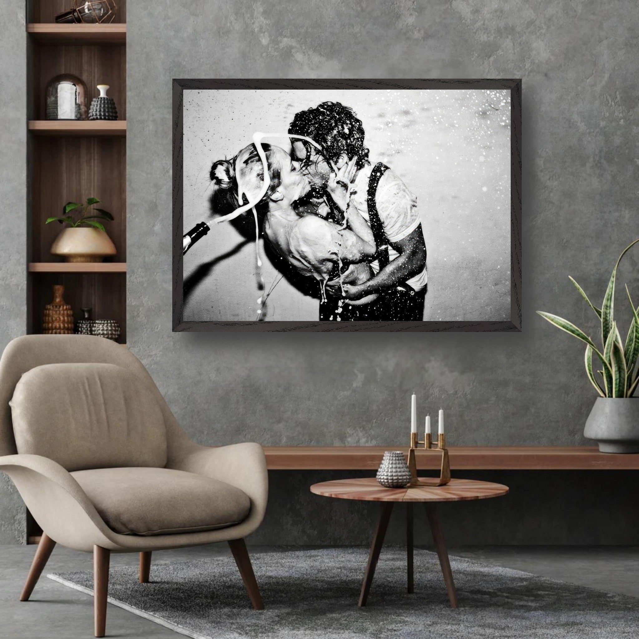 The Champagne Kiss fine art print featuring Johnny Depp and Kate Moss in a passionate black-and-white embrace.