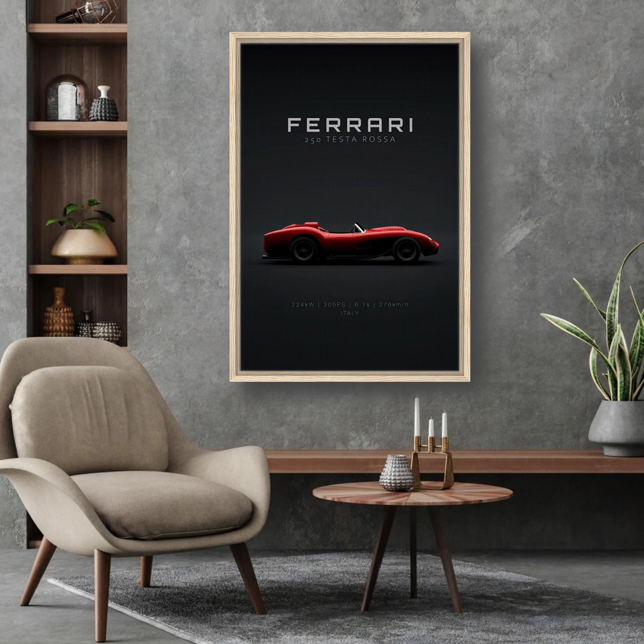 Ferrari 250 Testa Rossa framed canvas print displayed in a stylish modern room with minimalist decor.