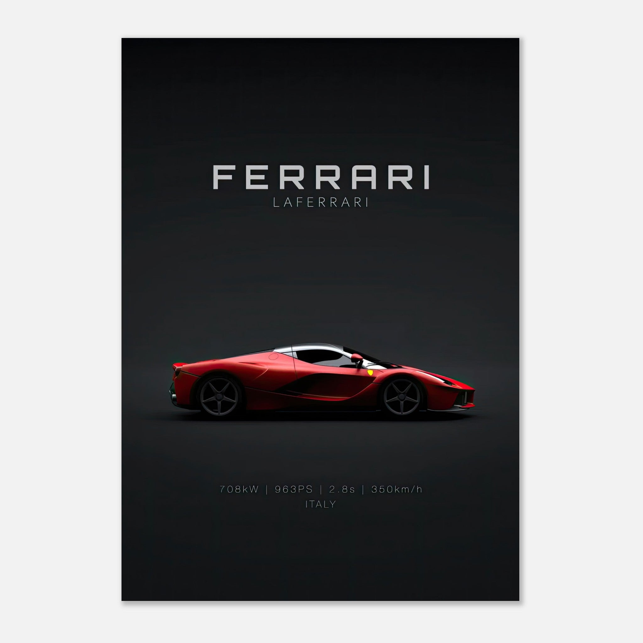 Poster of Ferrari Laferrari showcasing its sleek design against a dark background, highlighting Italian craftsmanship.