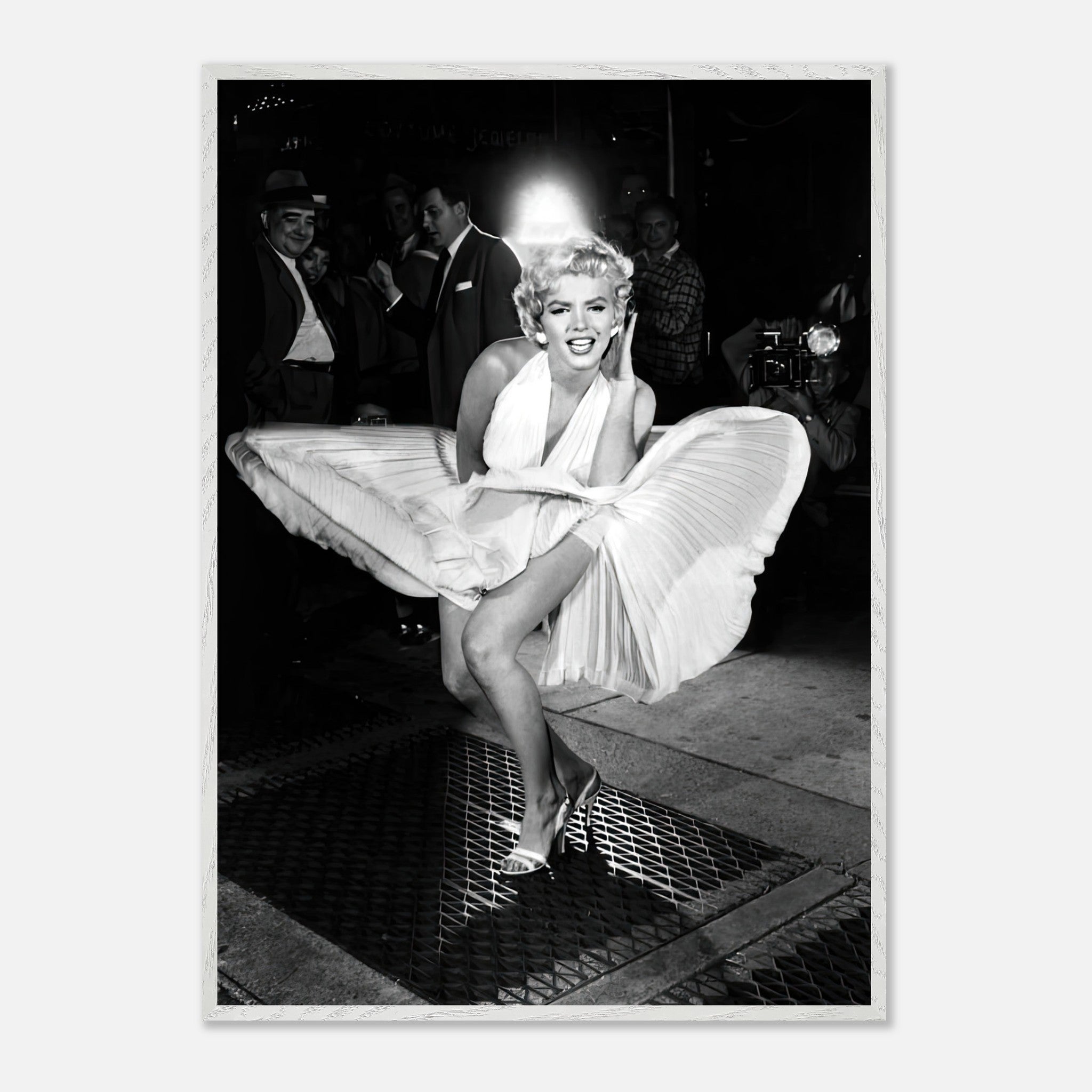 Marilyn Monroe in white dress, playfully caught by wind, capturing Hollywood's glamour in this fine art print.