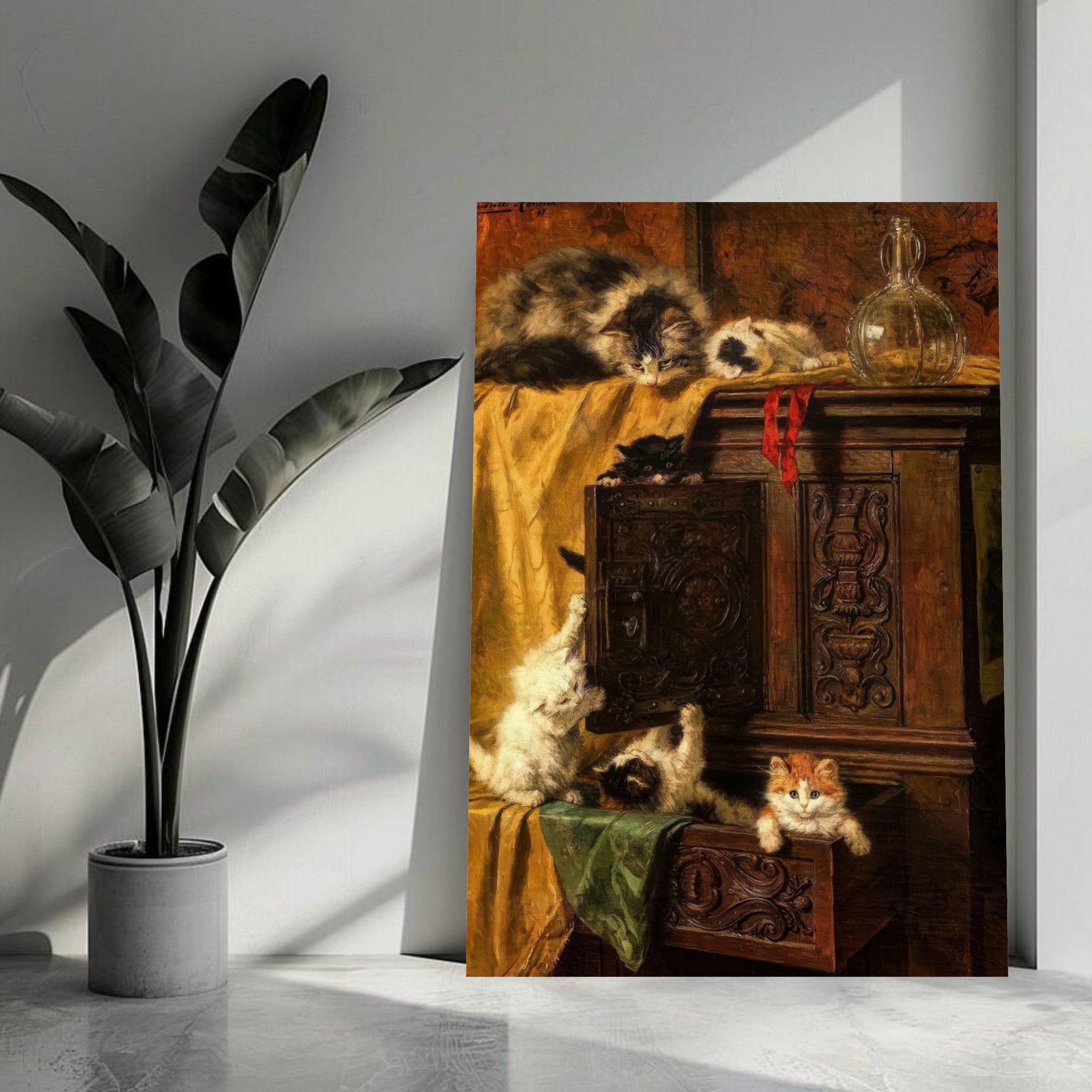 Vintage Cat Painting Metal Print featuring playful kittens exploring an antique cabinet, rich warm tones.