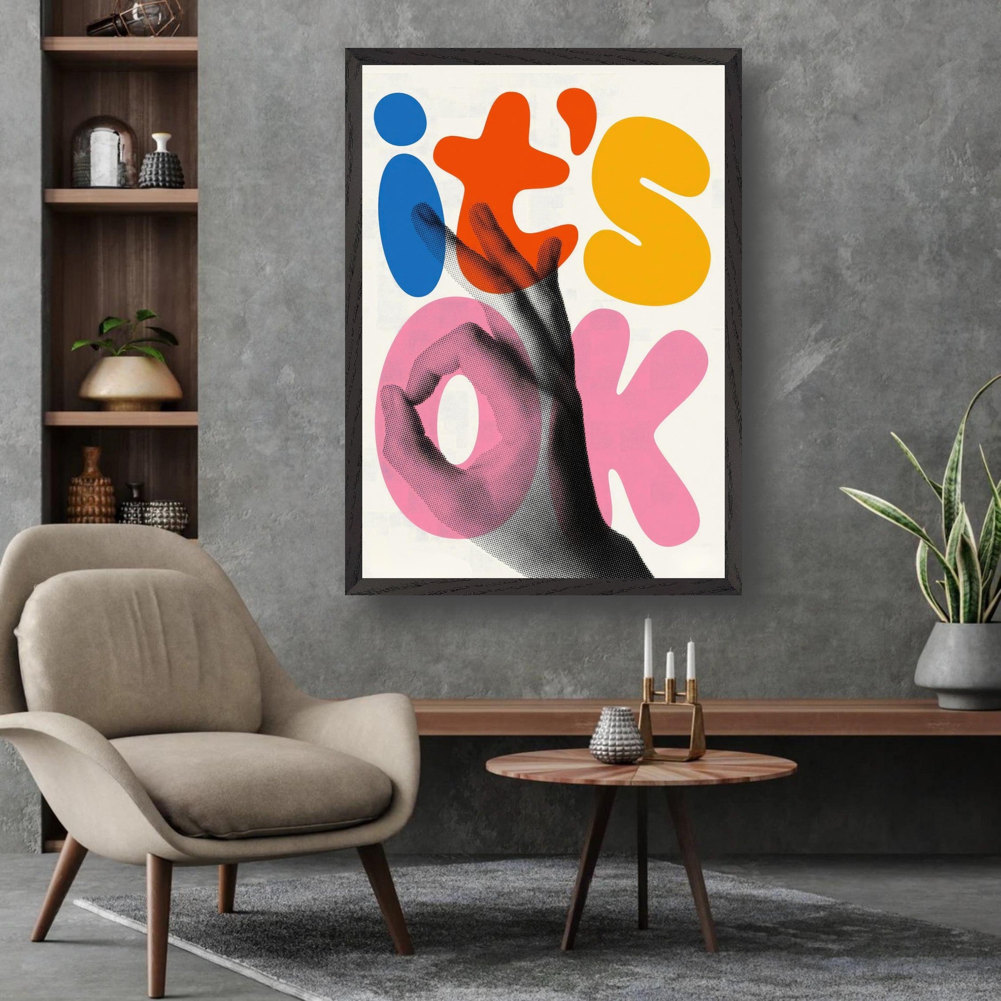 Retro abstract pop art piece 'It's Ok' featuring vibrant typography on textured background.