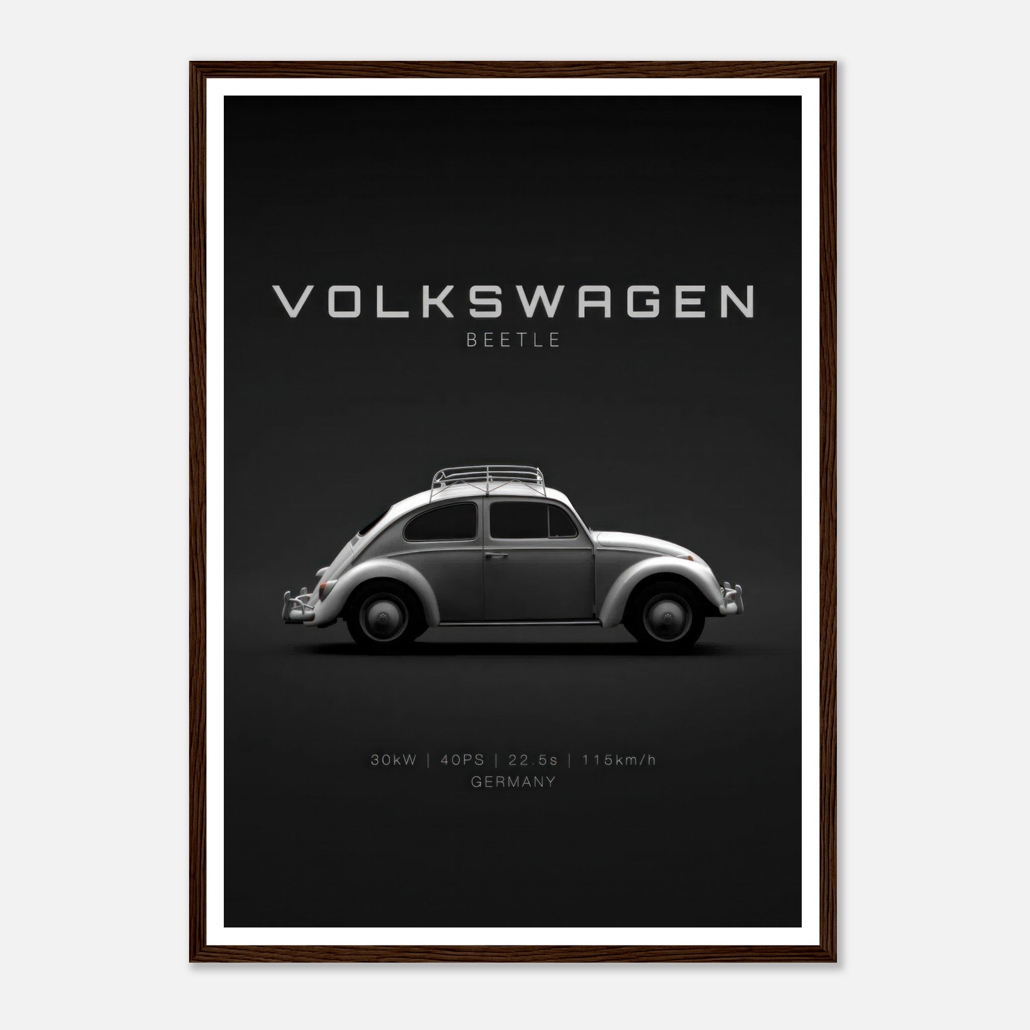 Framed poster of a Volkswagen Beetle showcasing its sleek side profile on a minimalist black background.