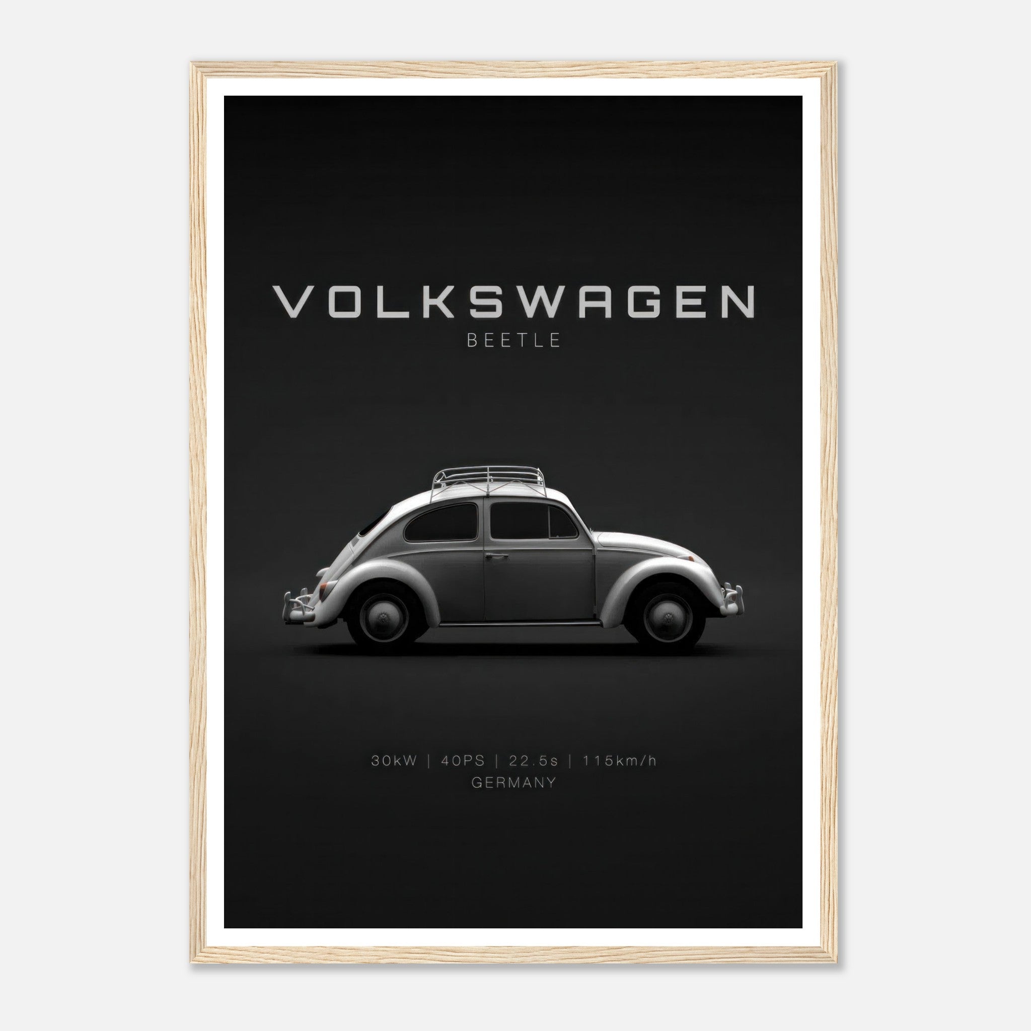 Framed poster of a Volkswagen Beetle on a minimalist black background showcasing vintage automotive design.