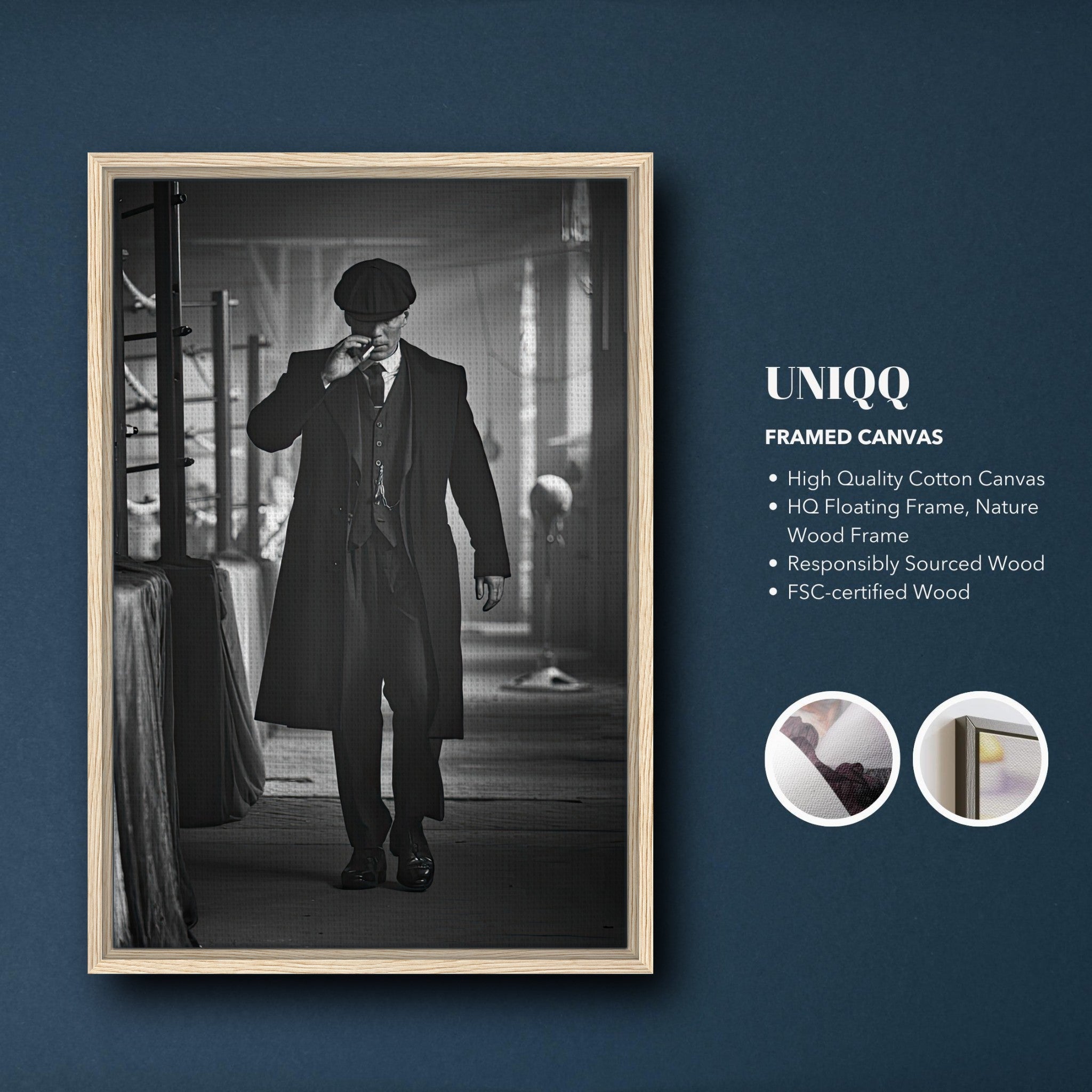 Tommy Shelby Peaky Blinders framed canvas print in a modern wood frame, showcasing his iconic monochrome style.
