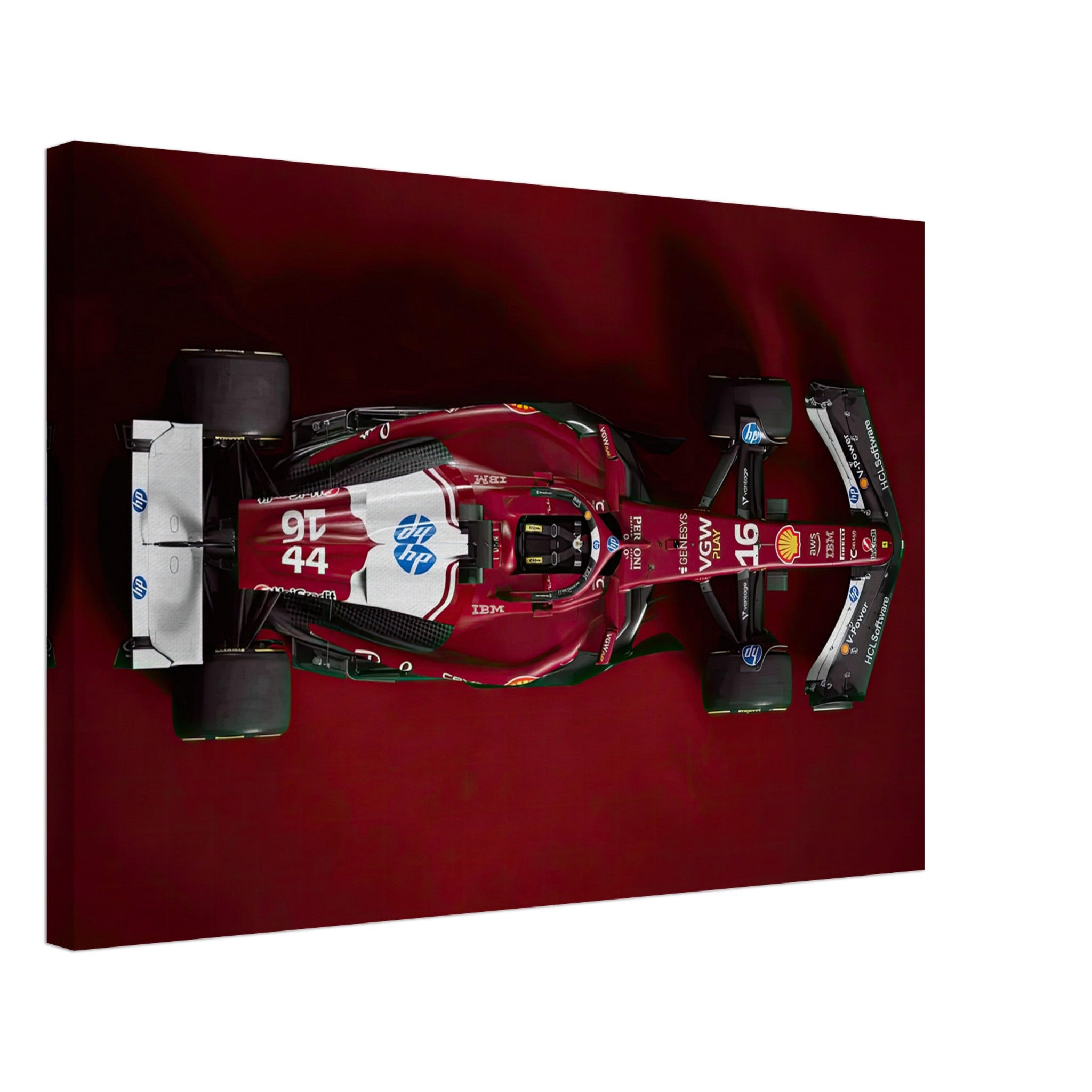 Top-down view of Ferrari F1 2025 canvas print showcasing its sleek design and bold red livery.