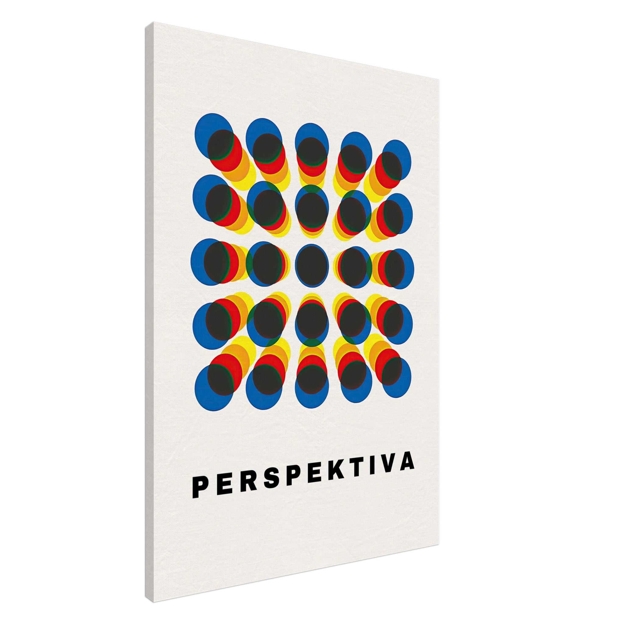 Perspective Abstract Art canvas print with bold geometric design featuring vibrant blue, red, and yellow circles.