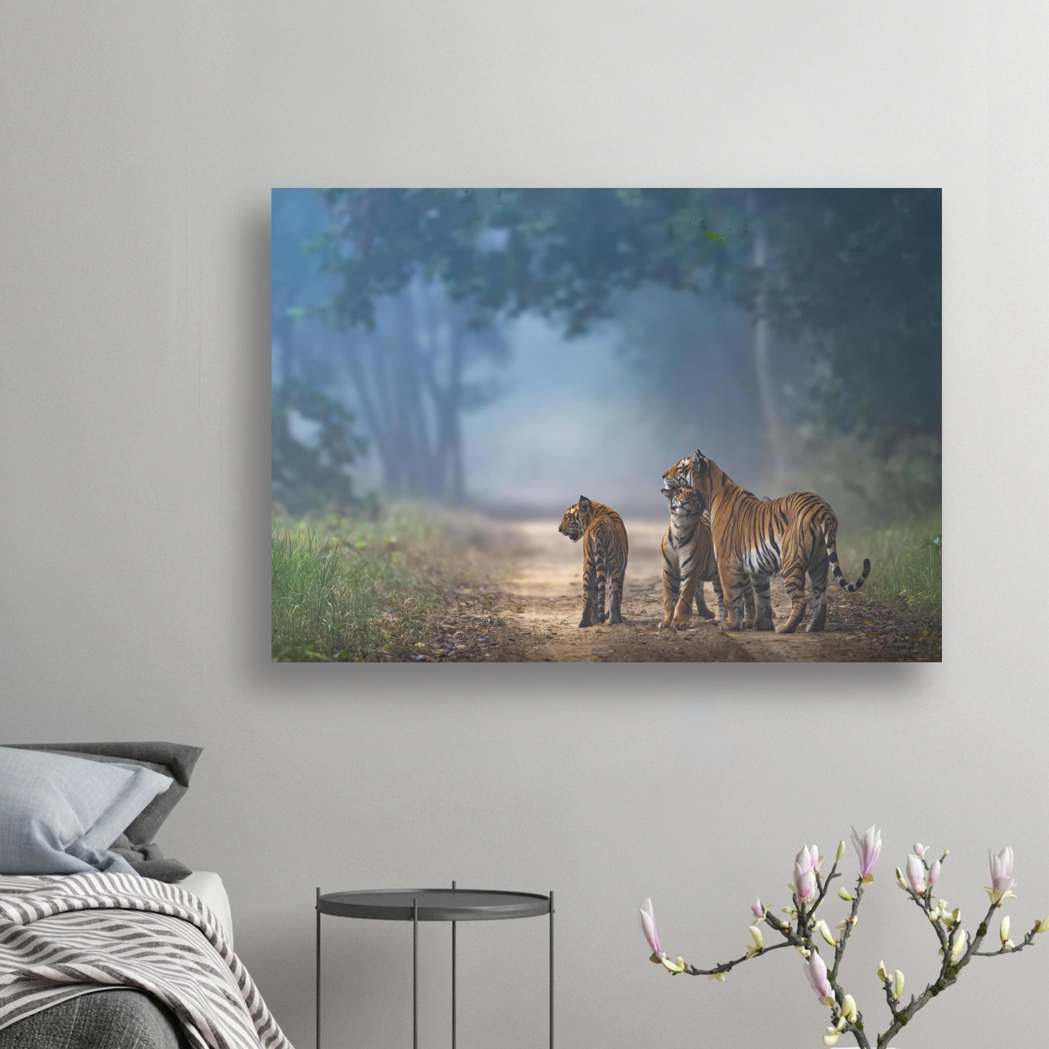 The Bond of Tigers Poster featuring a tiger family on a jungle path, embodying strength and unity.
