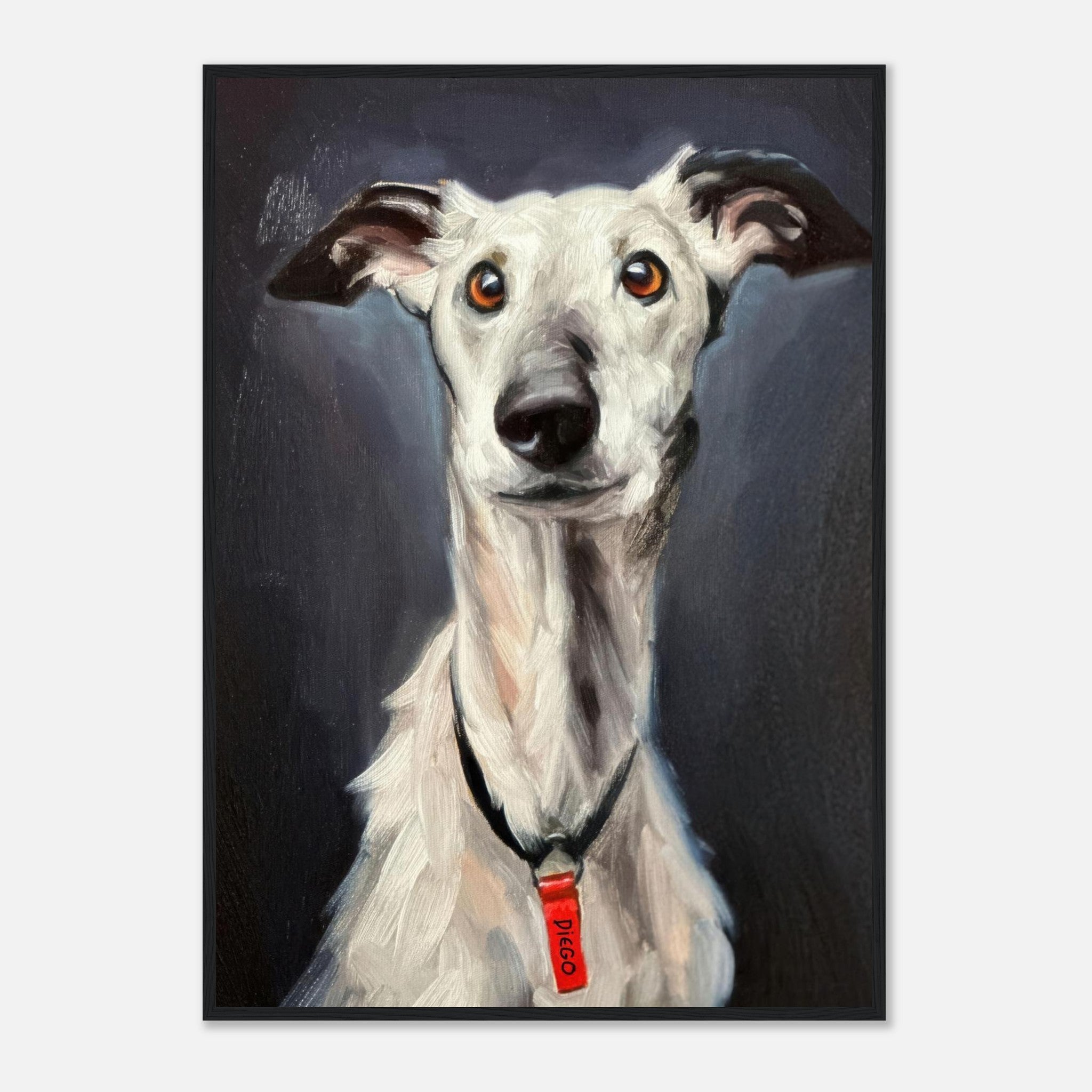 Framed print of a greyhound dog with soulful eyes and a black and white coat, showcasing its elegant features.