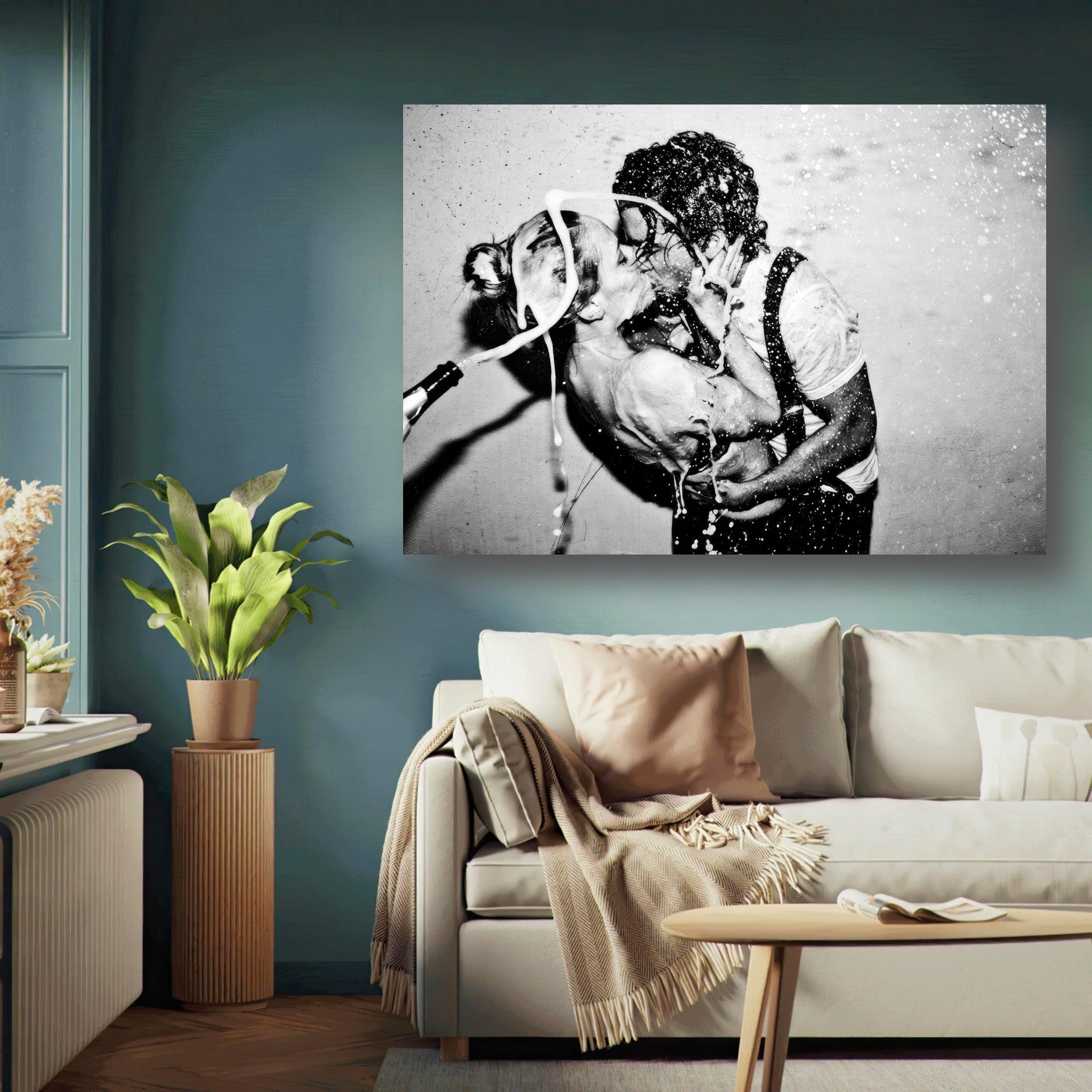 The Champagne Kiss metal print featuring Johnny Depp and Kate Moss in a passionate embrace, splashed with champagne.