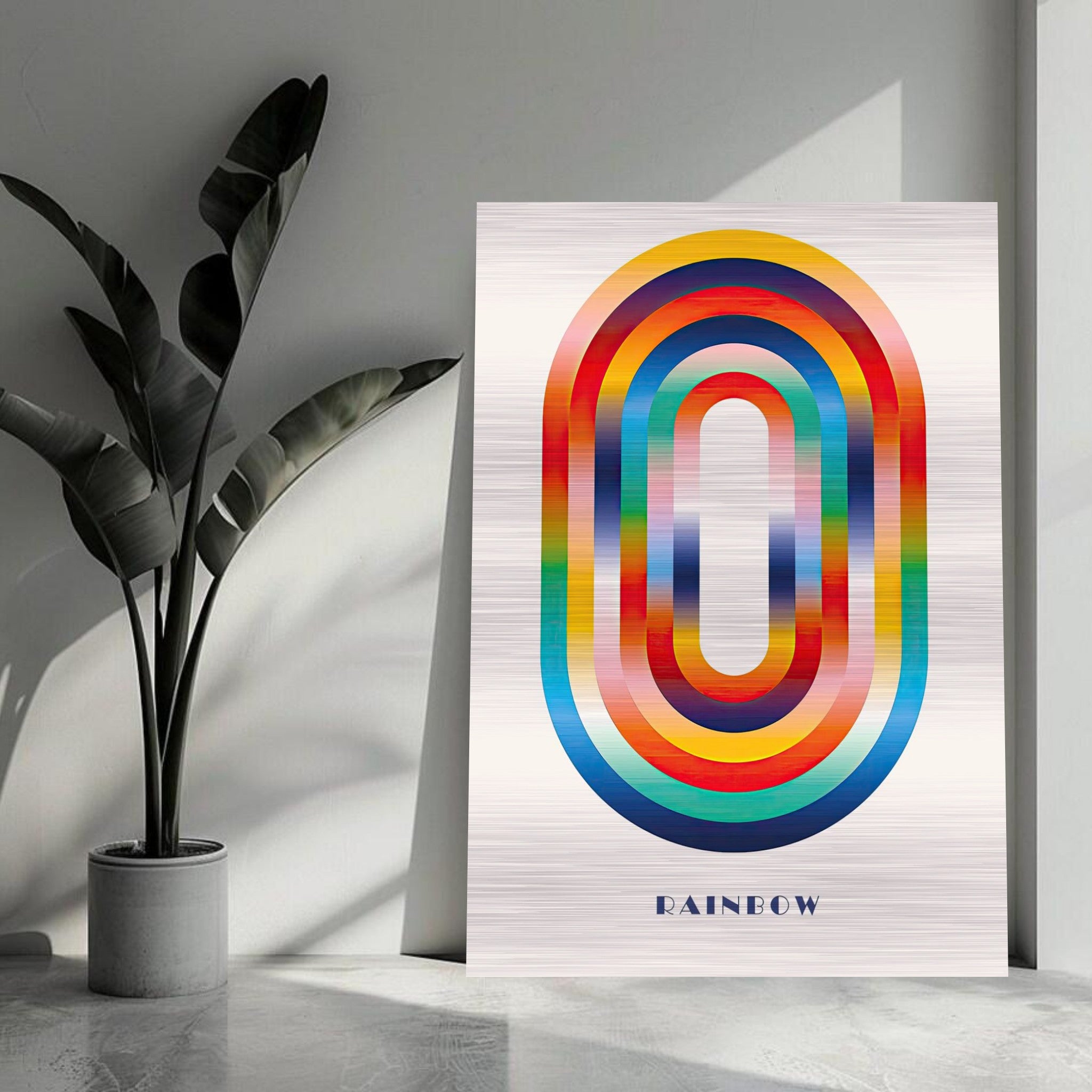 Abstract rainbow geometric art print featuring vibrant colors on brushed metal, perfect for modern decor.