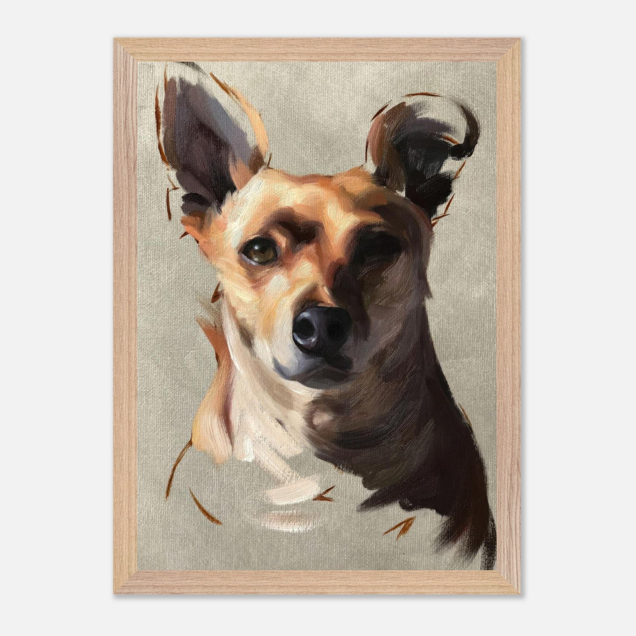 Vintage framed print of a Chihuahua dog painting with expressive brushstrokes and warm colors.