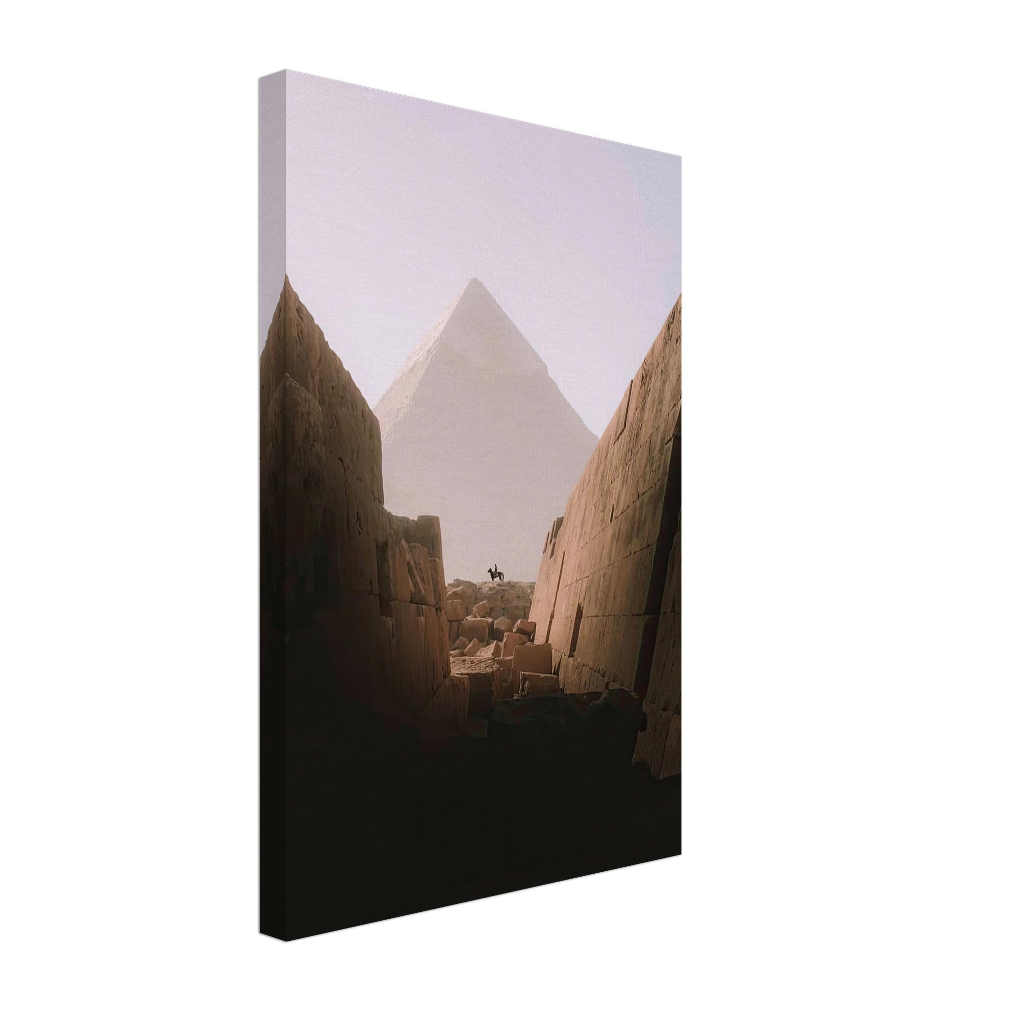 Horse and rider silhouetted against the Great Pyramid of Giza, showcasing ancient Egyptian mystique.