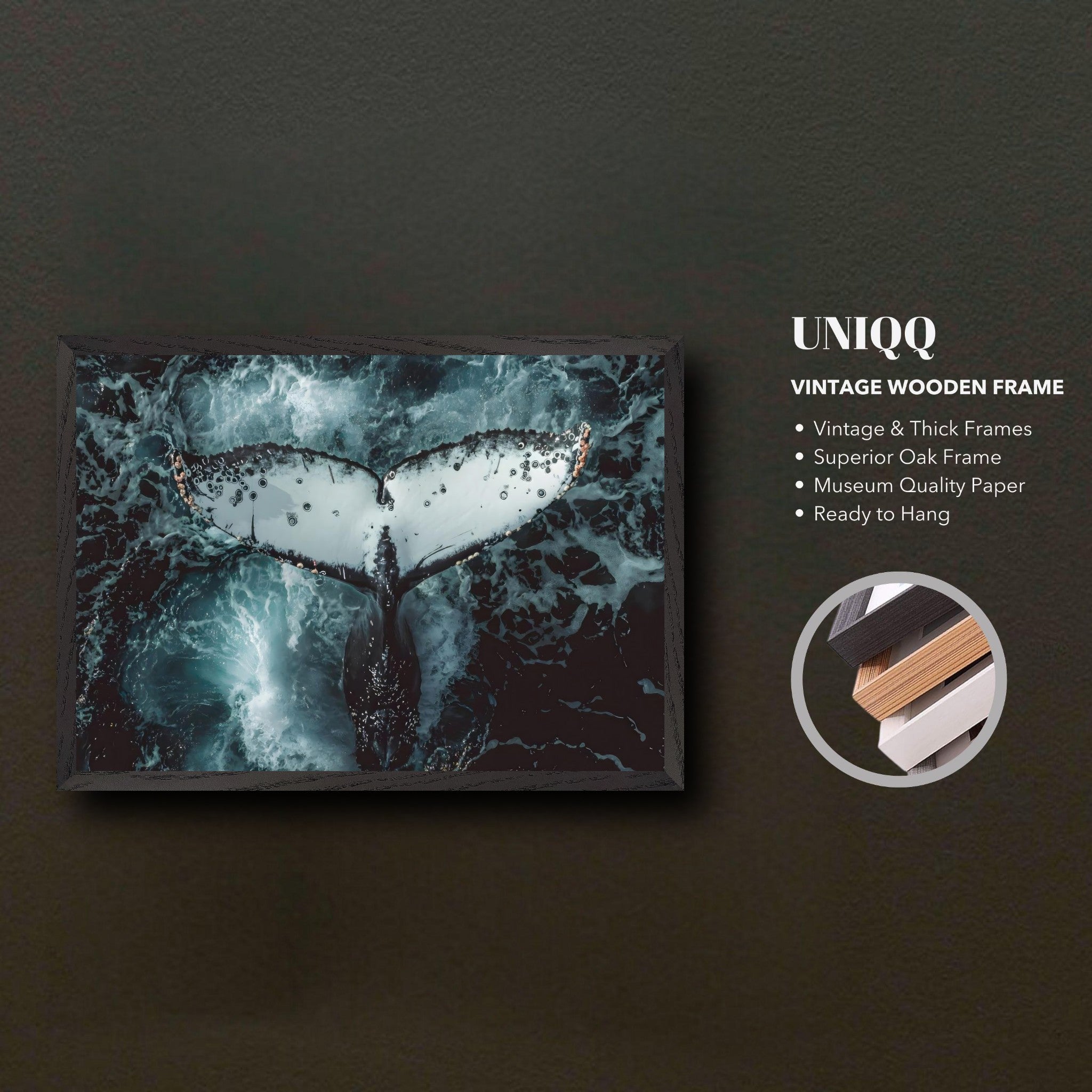 Humpback whale tail art print in a vintage wooden frame with ocean waves background, ready to hang.