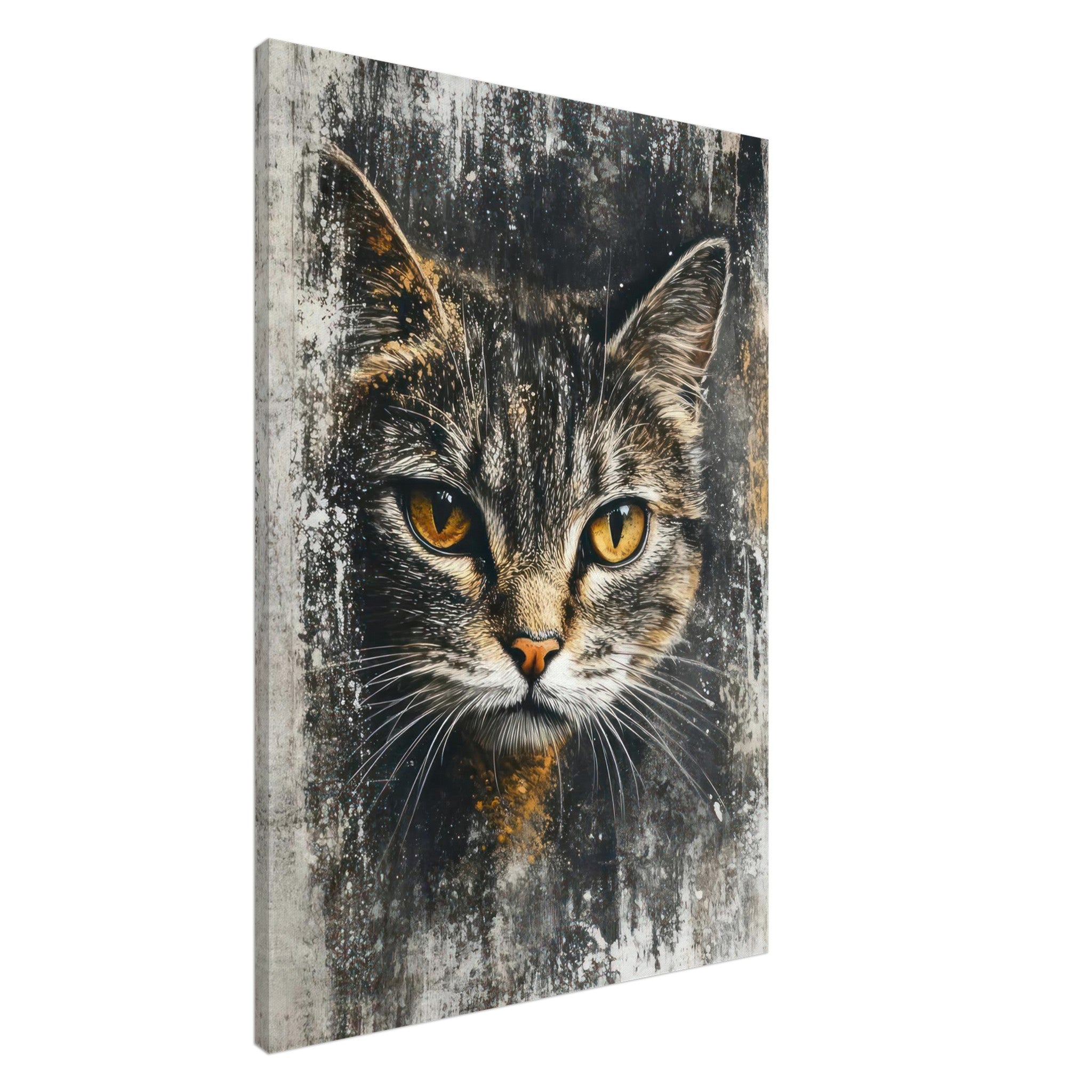Cat Painting Canvas Print showcasing a close-up of a cat's golden eyes on a textured abstract background.