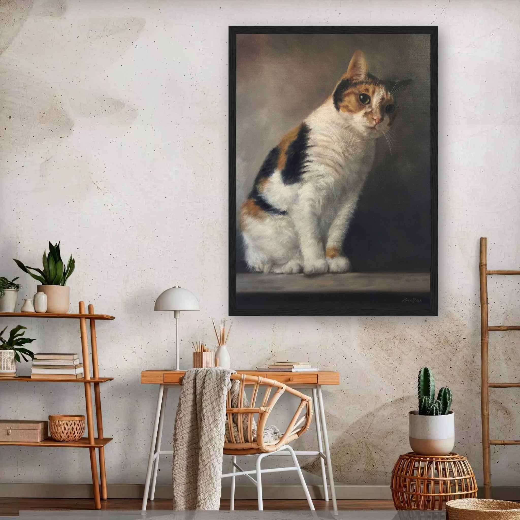 Framed realistic cat portrait painting in modern home decor setting, showcasing feline beauty and charm.