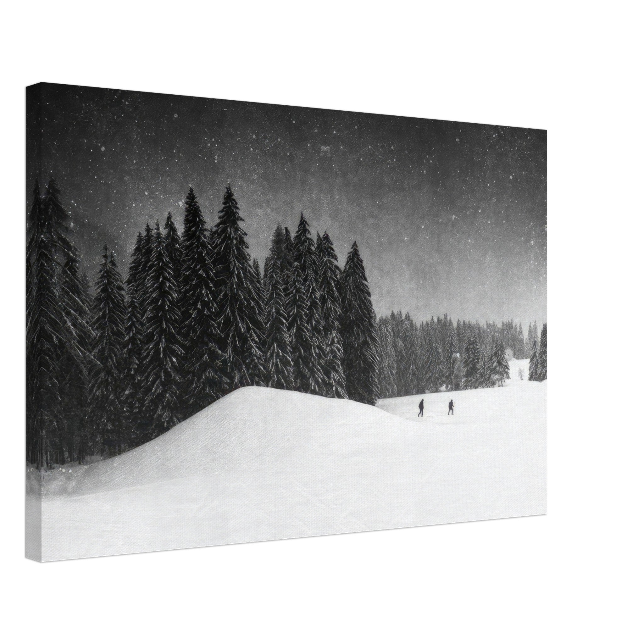 Winter Crossing canvas featuring snowy landscape with towering evergreens and distant figures in serene snowfall.
