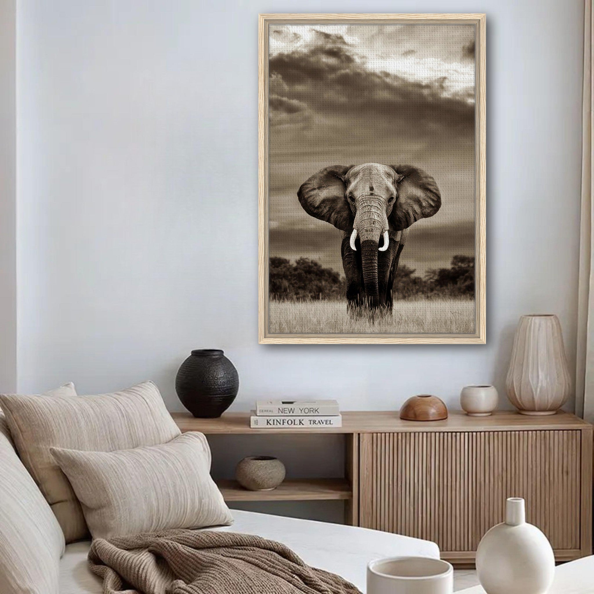Stunning monochrome elephant portrait canvas print showcased in a modern living room decor.