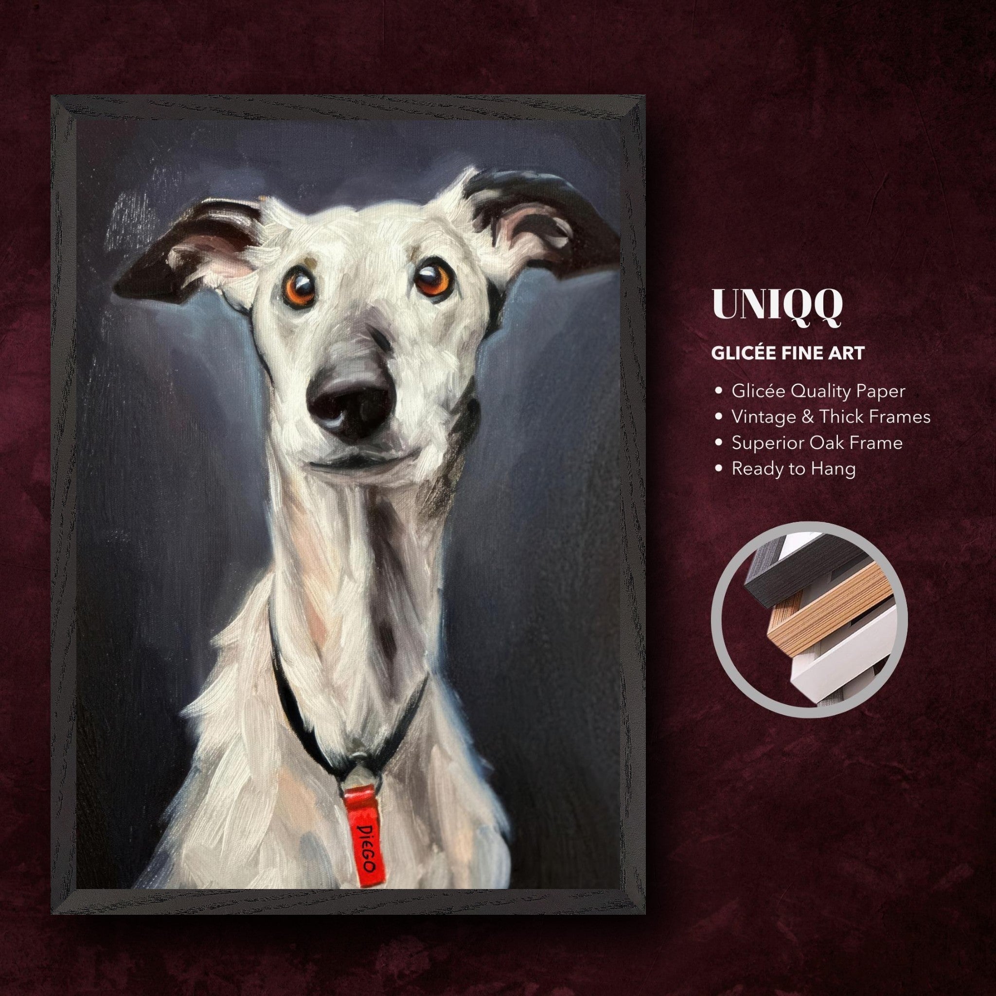 Museum-quality Giclée painting of a Greyhound dog with expressive eyes, framed and ready to hang.