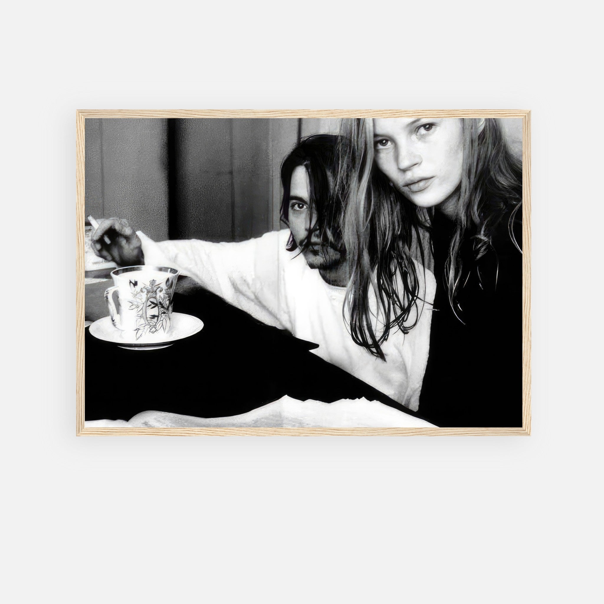 Rebel Romance framed print of Johnny Depp and Kate Moss, 1994 black-and-white photo by François-Marie Banier.