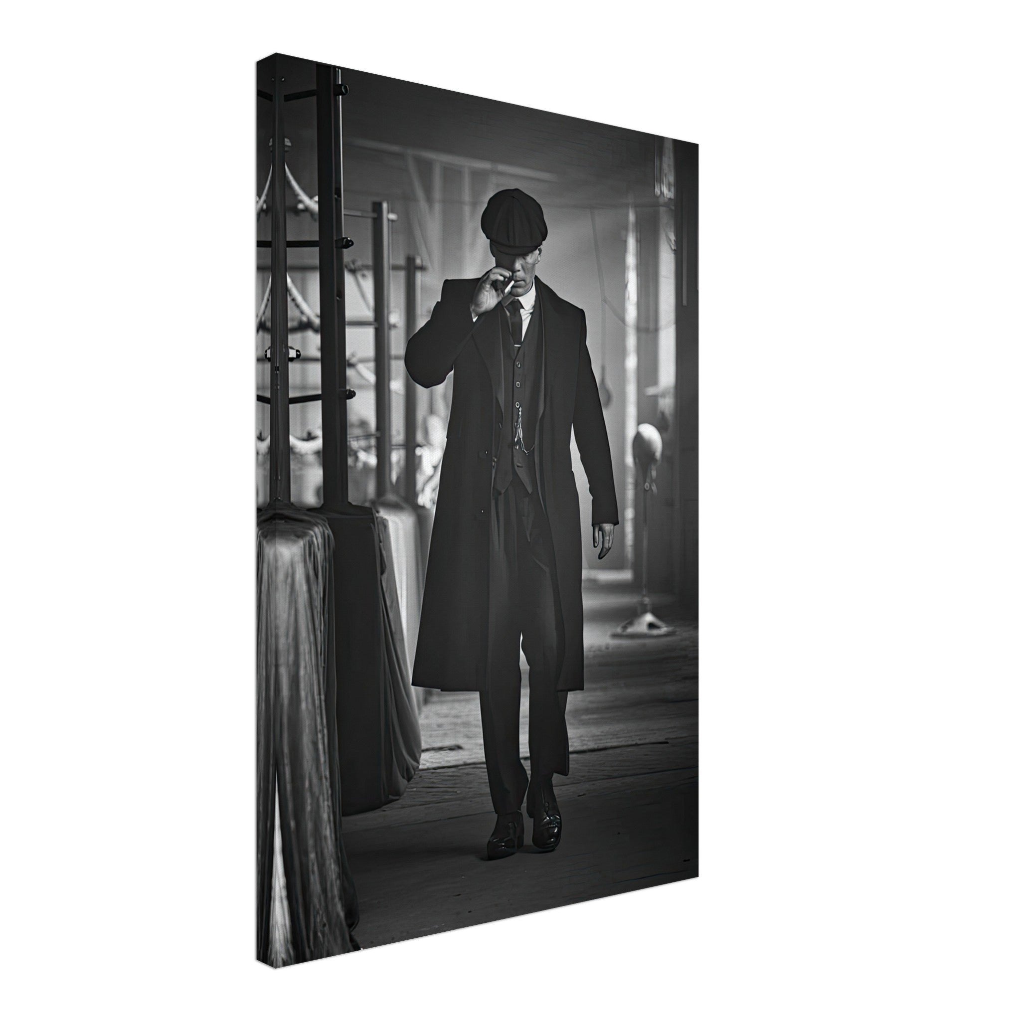 Tommy Shelby from Peaky Blinders, stylishly dressed in black and white canvas art for vintage decor.