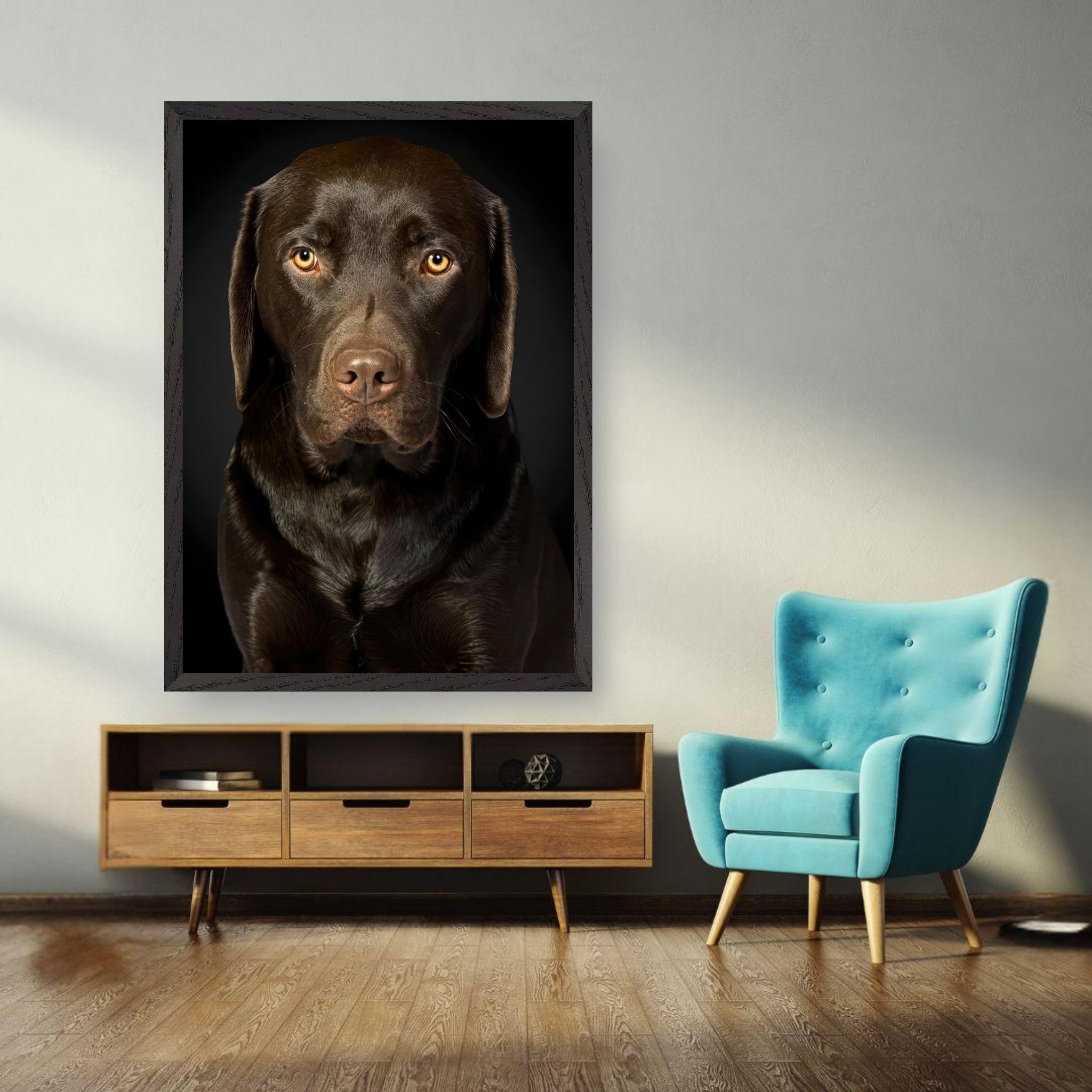 Chocolate Labrador portrait in a stylish living room, showcasing fine art quality and rich detail.